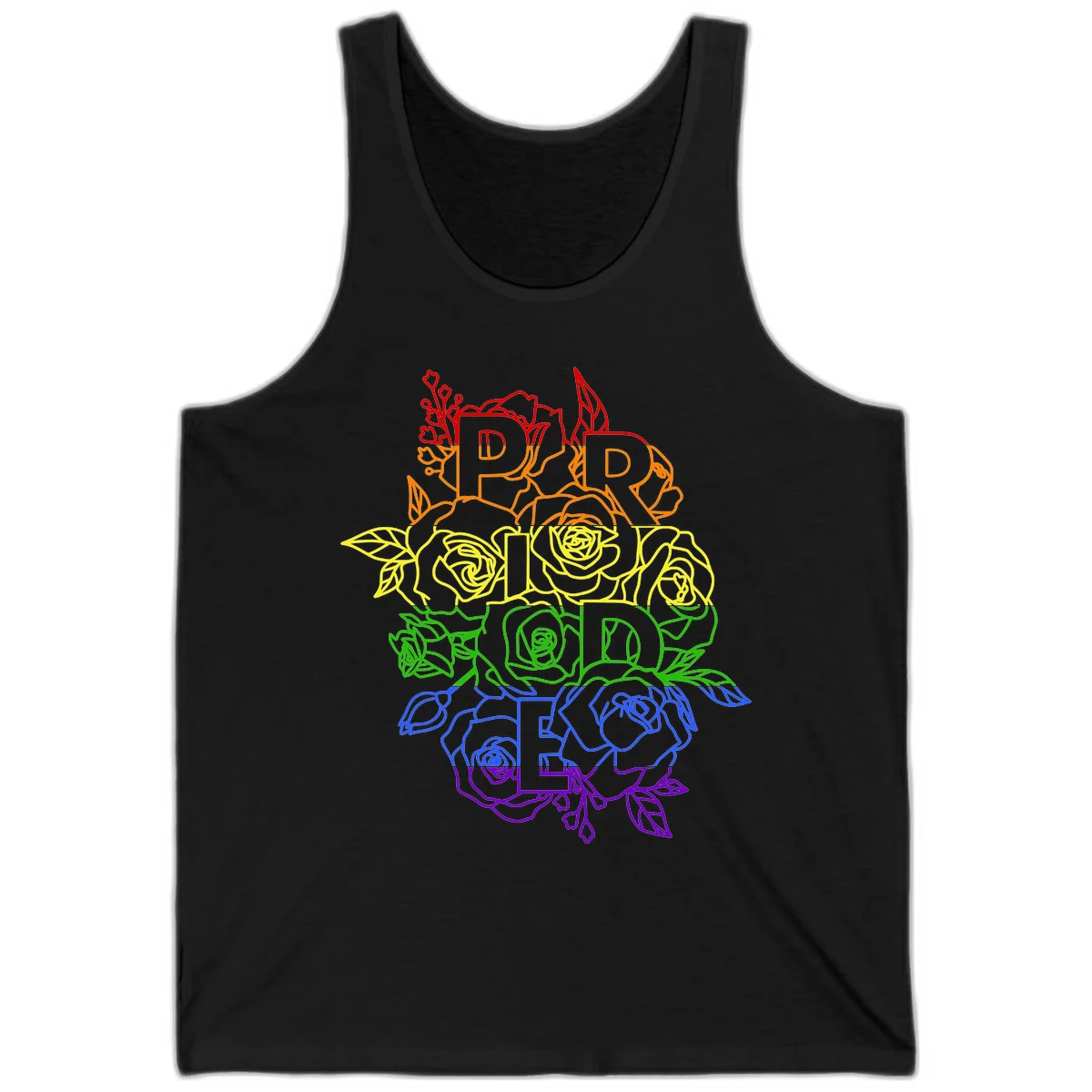 Pride rainbow floral design with roses and botanical leaves in red, orange, yellow, green, blue, and purple surrounding the word PRIDE in Black