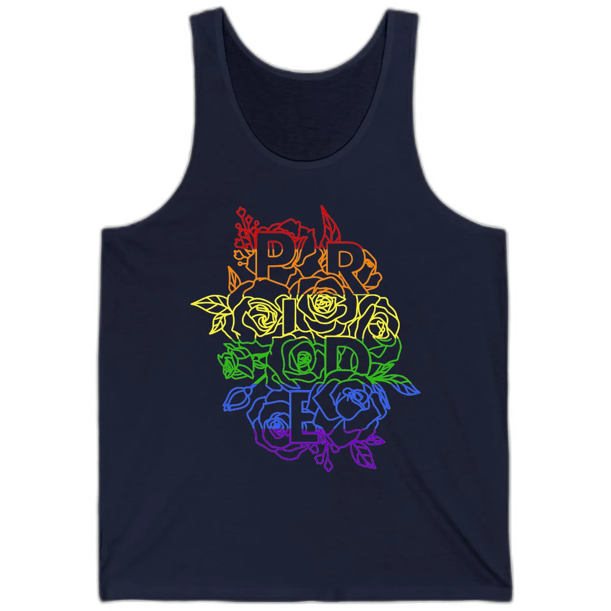 Pride rainbow floral design with roses and botanical leaves in red, orange, yellow, green, blue, and purple surrounding the word PRIDE in Navy