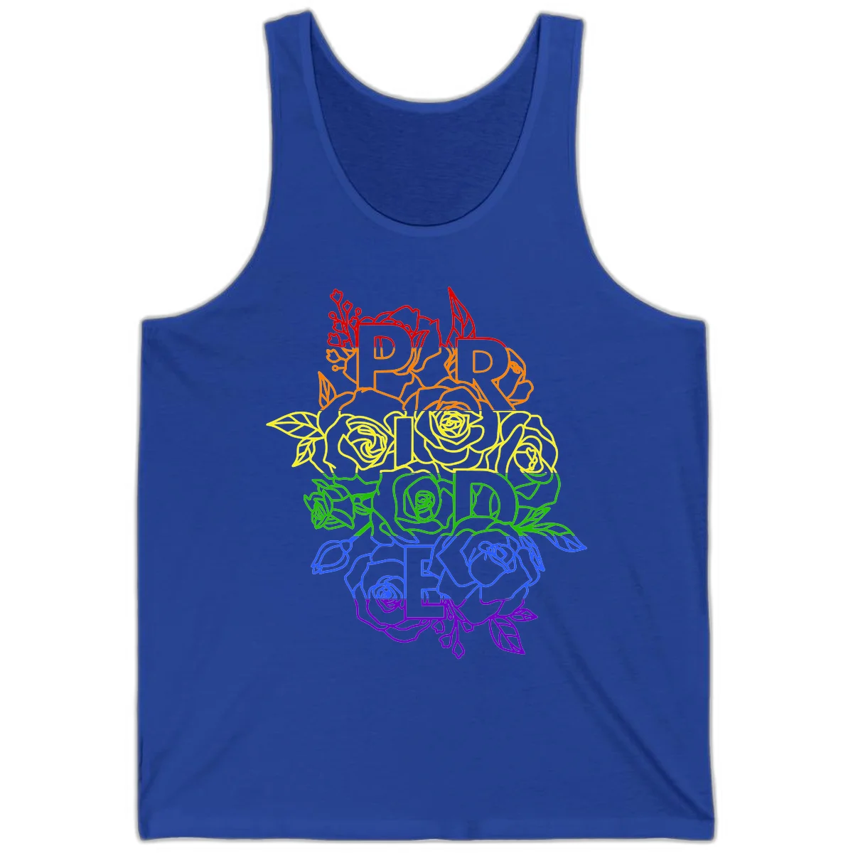 Pride rainbow floral design with roses and botanical leaves in red, orange, yellow, green, blue, and purple surrounding the word PRIDE in True Royal