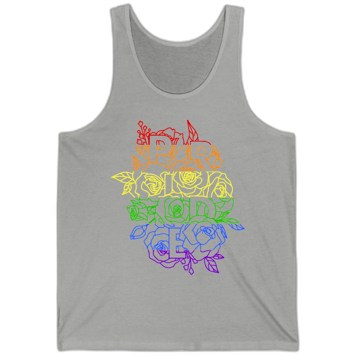 Pride rainbow floral design with roses and botanical leaves in red, orange, yellow, green, blue, and purple surrounding the word PRIDE in Athletic Heather