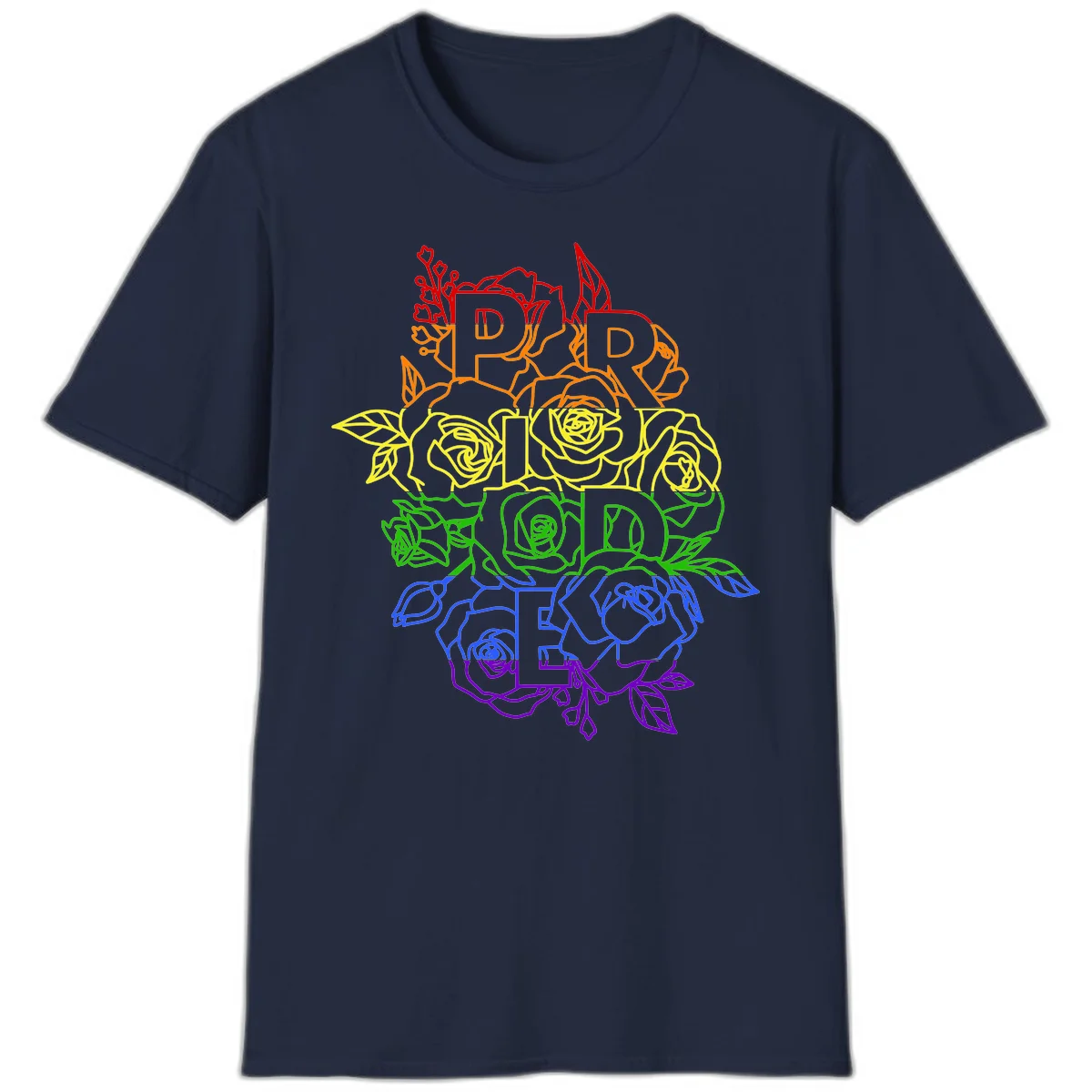 Pride rainbow floral design with roses and botanical leaves in red, orange, yellow, green, blue, and purple surrounding the word PRIDE in Navy