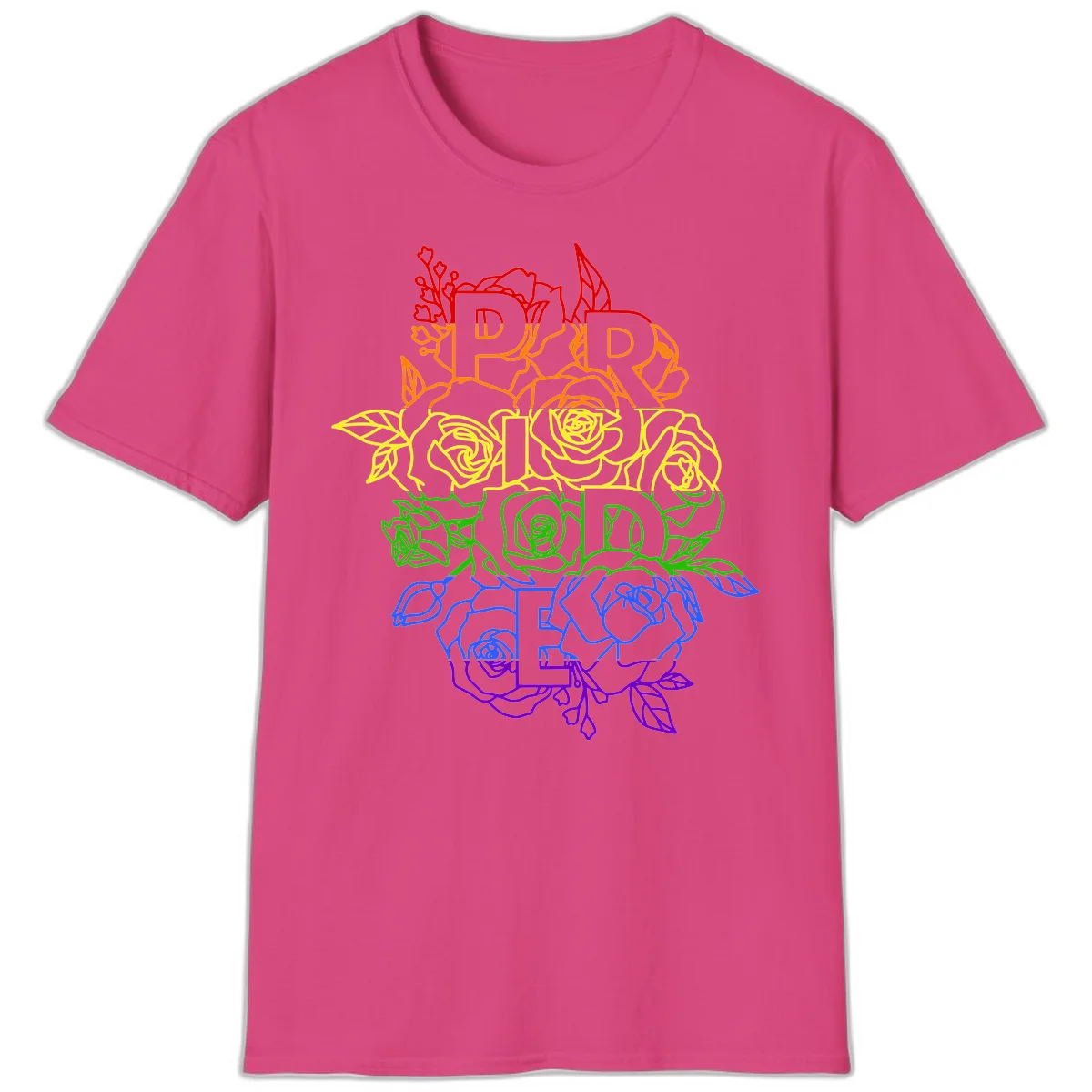 Pride rainbow floral design with roses and botanical leaves in red, orange, yellow, green, blue, and purple surrounding the word PRIDE in Heliconia