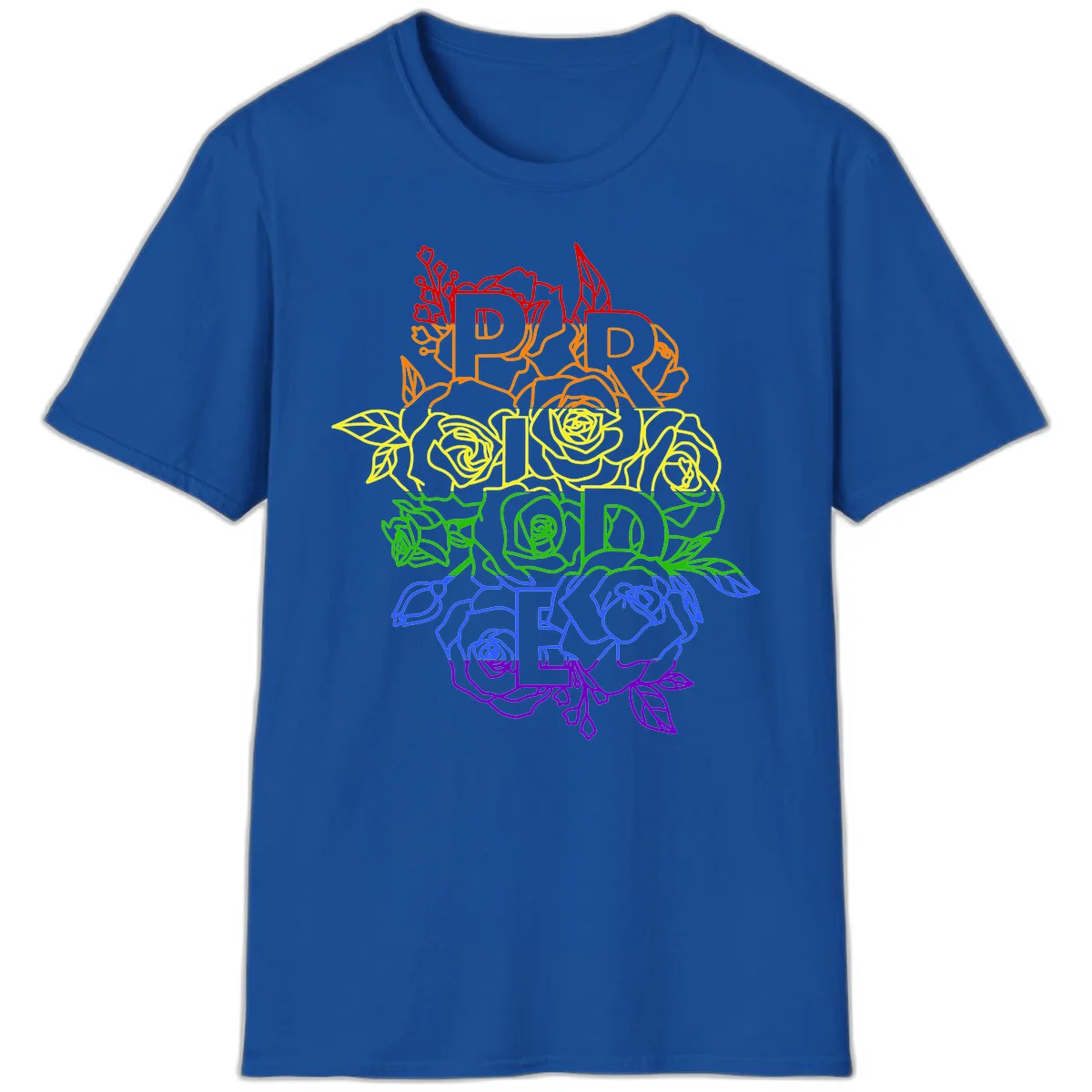 Pride rainbow floral design with roses and botanical leaves in red, orange, yellow, green, blue, and purple surrounding the word PRIDE in Royal