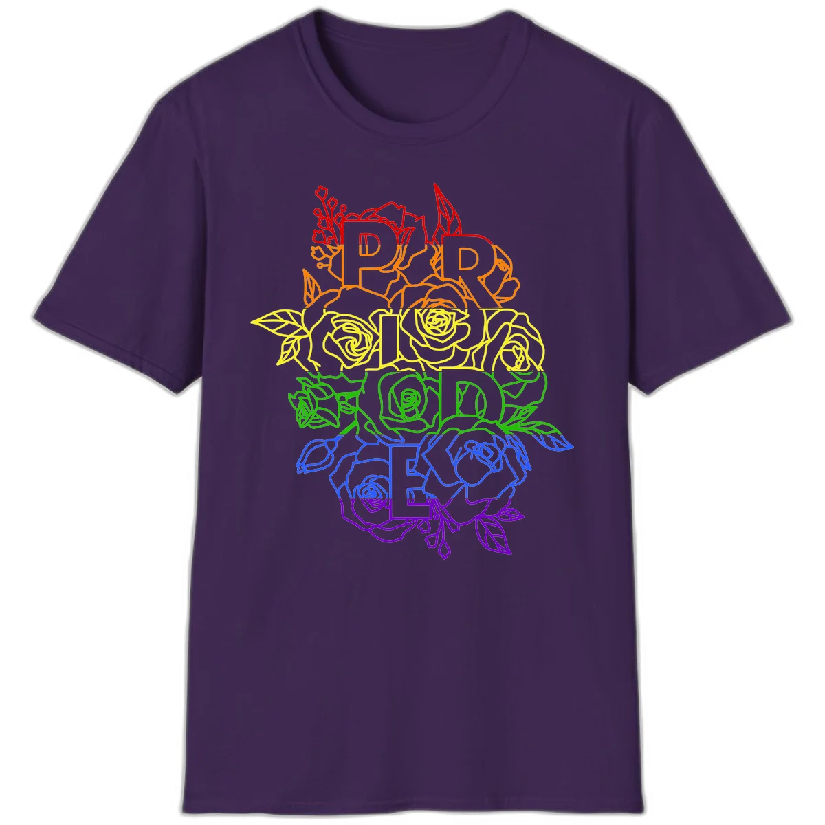 Pride rainbow floral design with roses and botanical leaves in red, orange, yellow, green, blue, and purple surrounding the word PRIDE in Purple