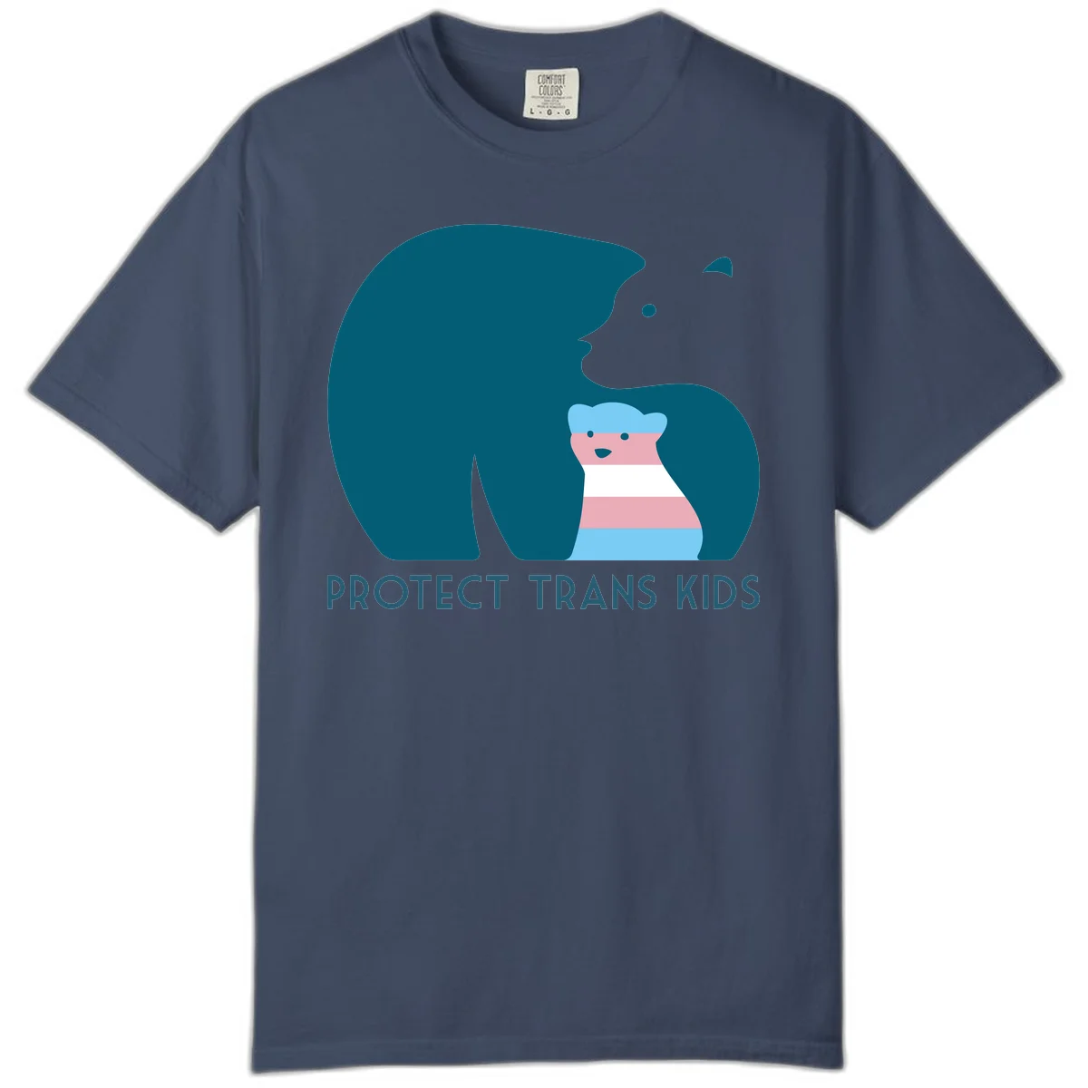 Large teal bear protecting small striped cub with 'PROTECT TRANS KIDS' text below in protect-trans-kids-bear design in Midnight