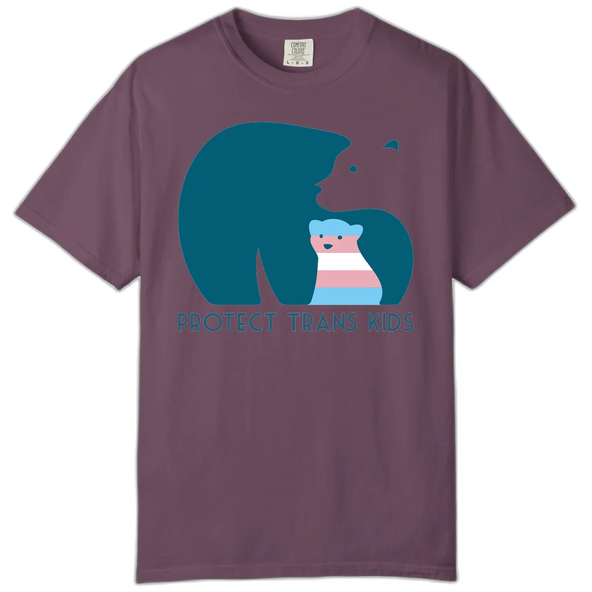 Large teal bear protecting small striped cub with 'PROTECT TRANS KIDS' text below in protect-trans-kids-bear design in Berry