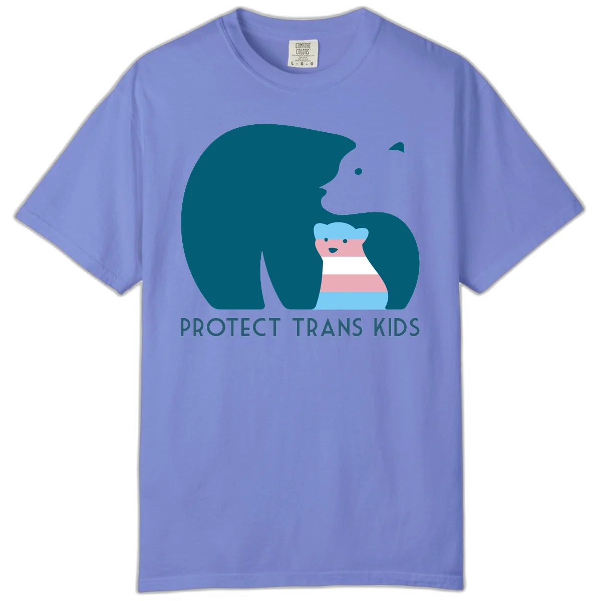 Large teal bear protecting small striped cub with 'PROTECT TRANS KIDS' text below in protect-trans-kids-bear design in Flo Blue