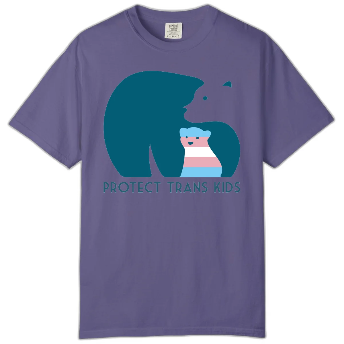 Large teal bear protecting small striped cub with 'PROTECT TRANS KIDS' text below in protect-trans-kids-bear design in Grape