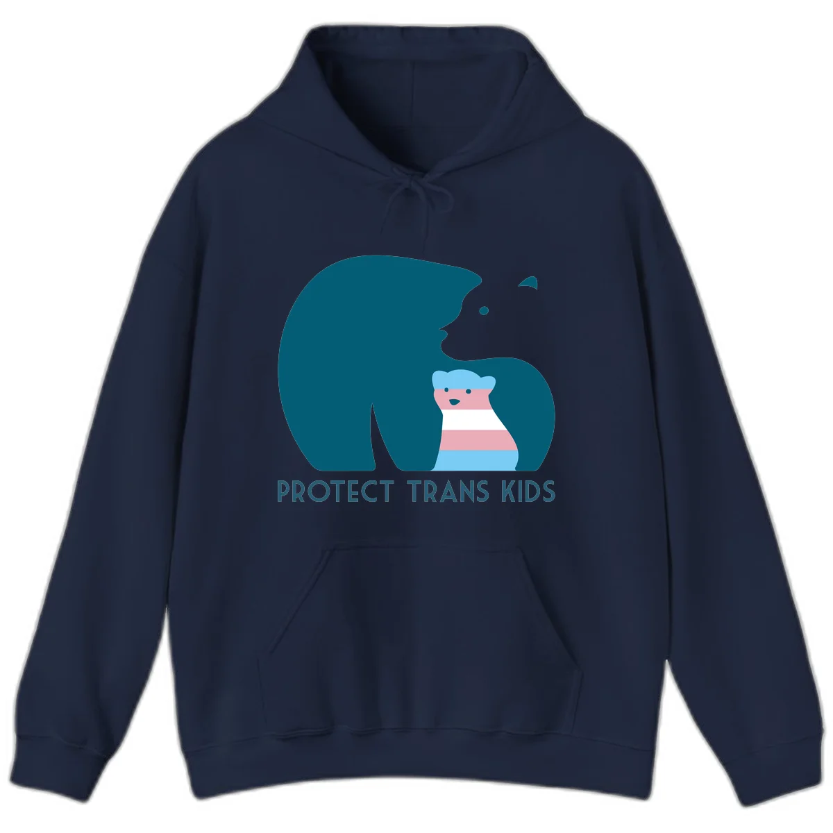 Large teal bear protecting small striped cub with 'PROTECT TRANS KIDS' text below in protect-trans-kids-bear design in Navy