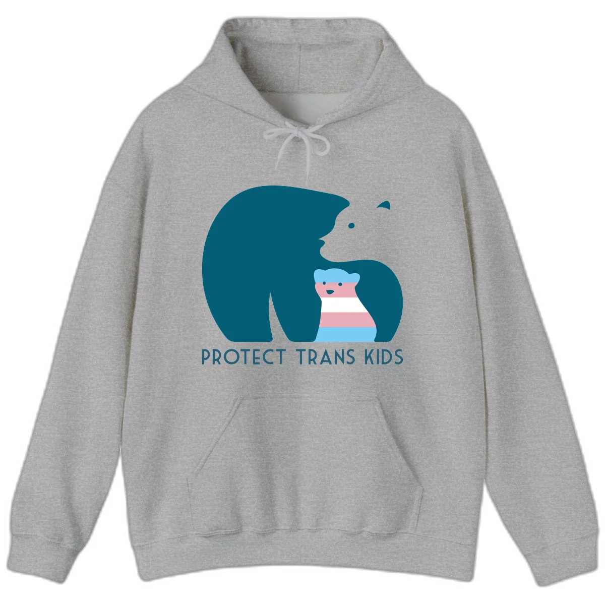 Large teal bear protecting small striped cub with 'PROTECT TRANS KIDS' text below in protect-trans-kids-bear design in Sport Grey