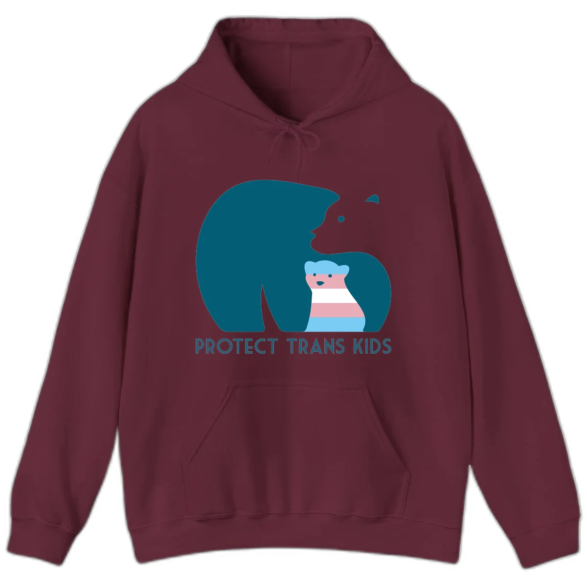 Large teal bear protecting small striped cub with 'PROTECT TRANS KIDS' text below in protect-trans-kids-bear design in Maroon