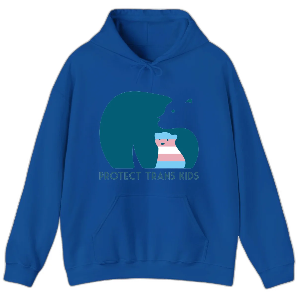 Large teal bear protecting small striped cub with 'PROTECT TRANS KIDS' text below in protect-trans-kids-bear design in Royal
