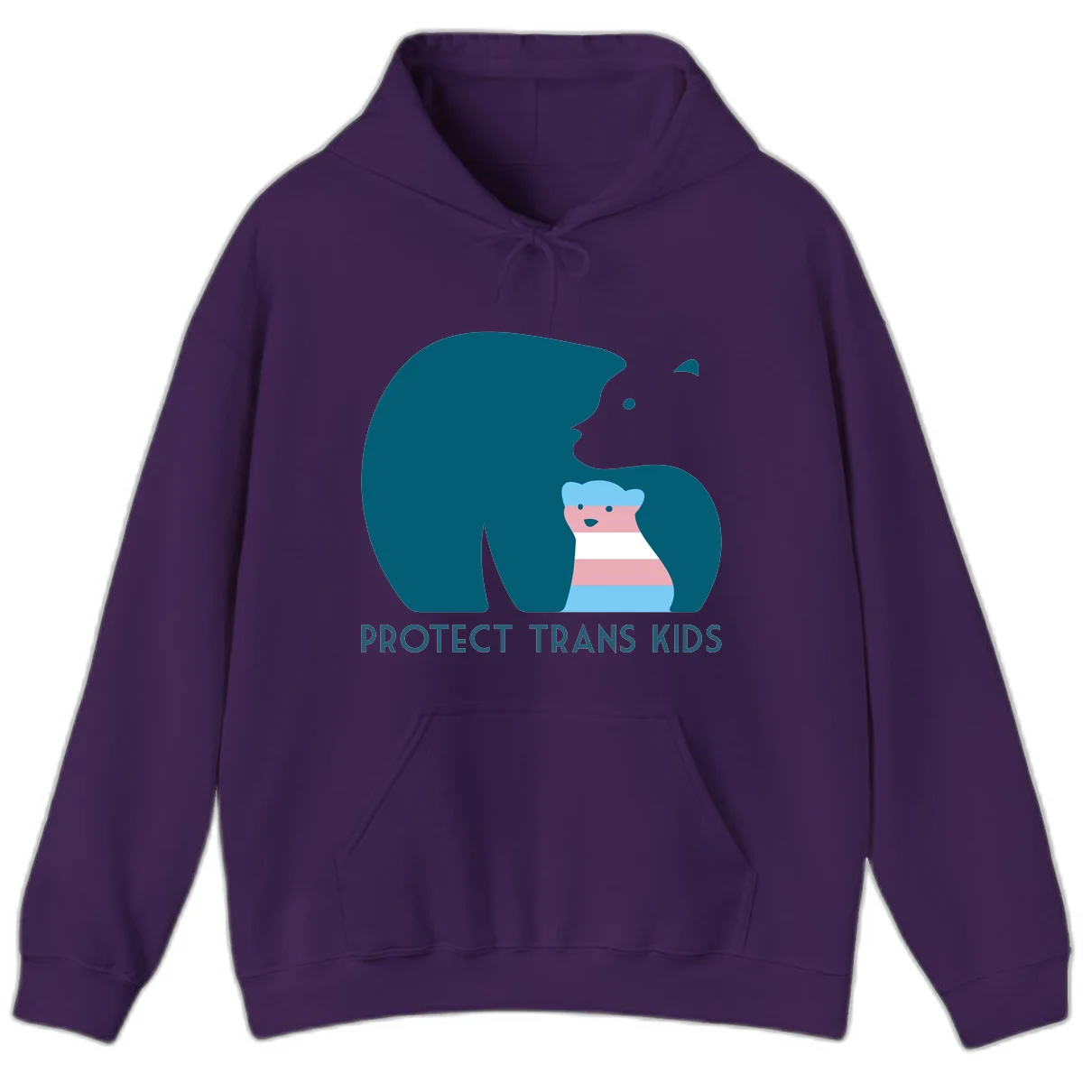 Large teal bear protecting small striped cub with 'PROTECT TRANS KIDS' text below in protect-trans-kids-bear design in Purple