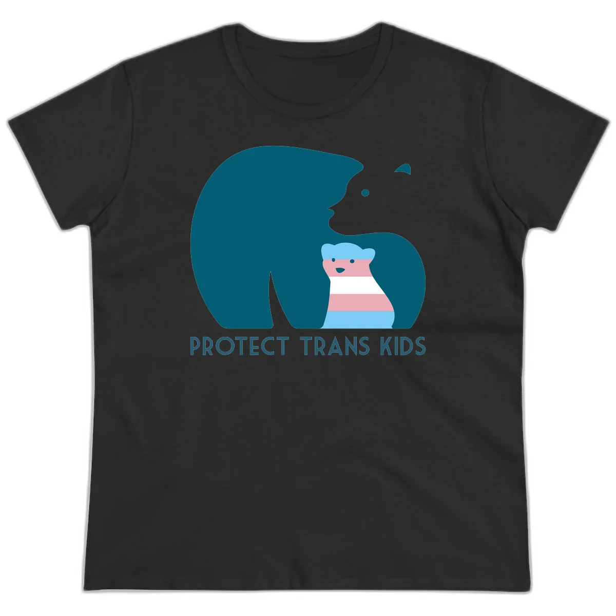Large teal bear protecting small striped cub with 'PROTECT TRANS KIDS' text below in protect-trans-kids-bear design in Black