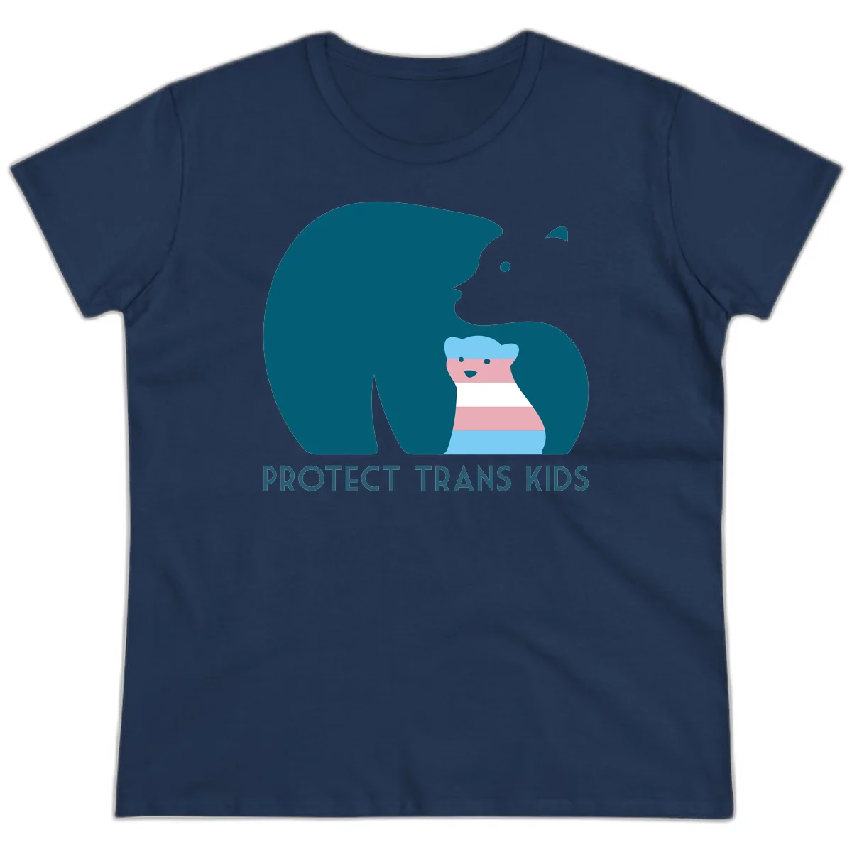 Large teal bear protecting small striped cub with 'PROTECT TRANS KIDS' text below in protect-trans-kids-bear design in Navy