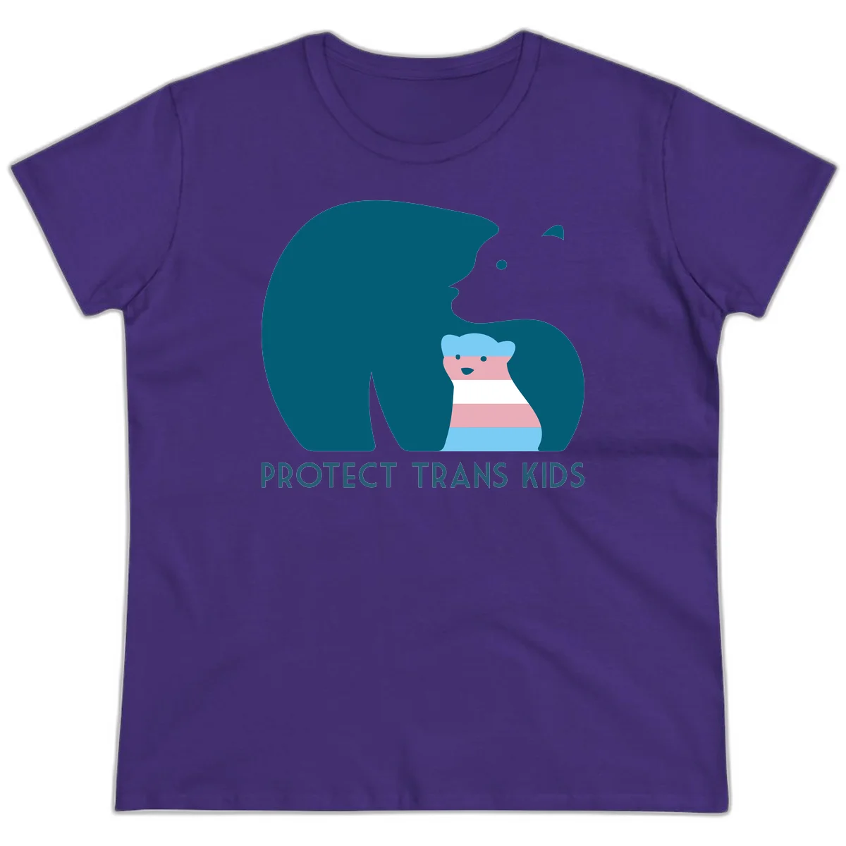 Large teal bear protecting small striped cub with 'PROTECT TRANS KIDS' text below in protect-trans-kids-bear design in Purple
