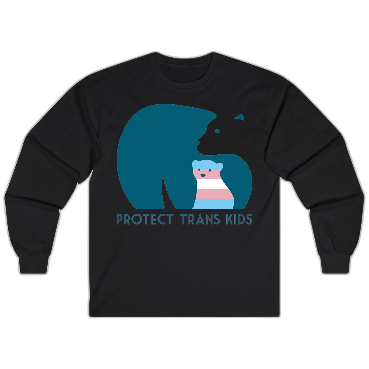 Large teal bear protecting small striped cub with 'PROTECT TRANS KIDS' text below in protect-trans-kids-bear design in Black
