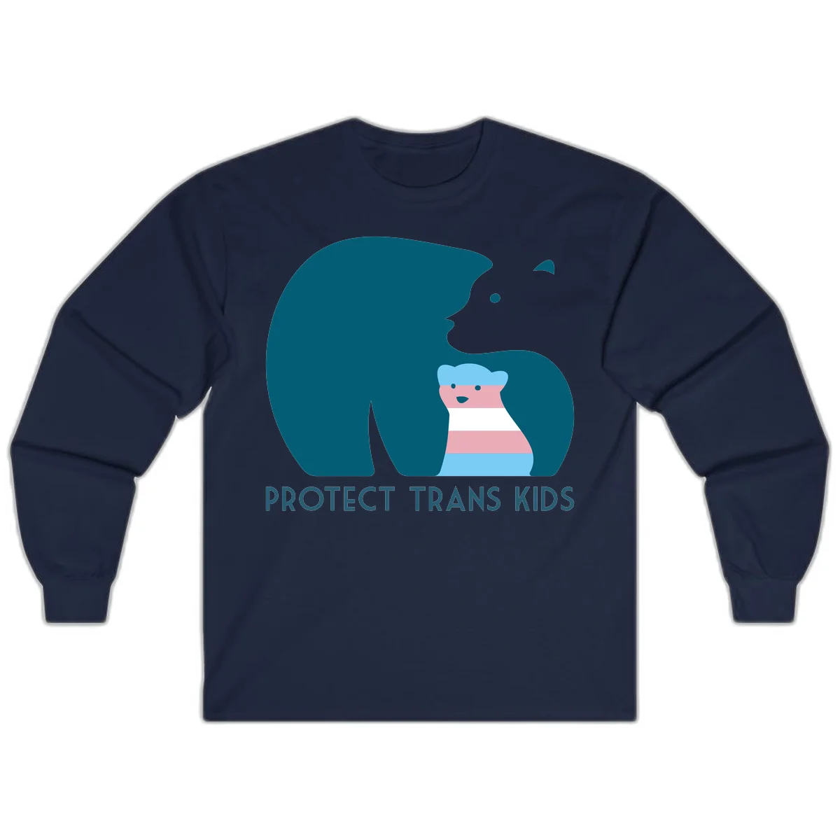 Large teal bear protecting small striped cub with 'PROTECT TRANS KIDS' text below in protect-trans-kids-bear design in Navy