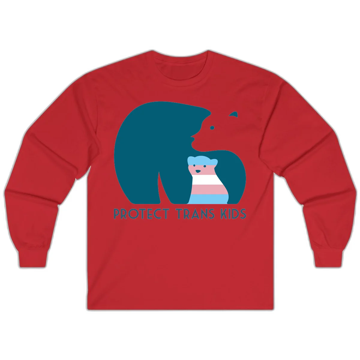 Large teal bear protecting small striped cub with 'PROTECT TRANS KIDS' text below in protect-trans-kids-bear design in Red