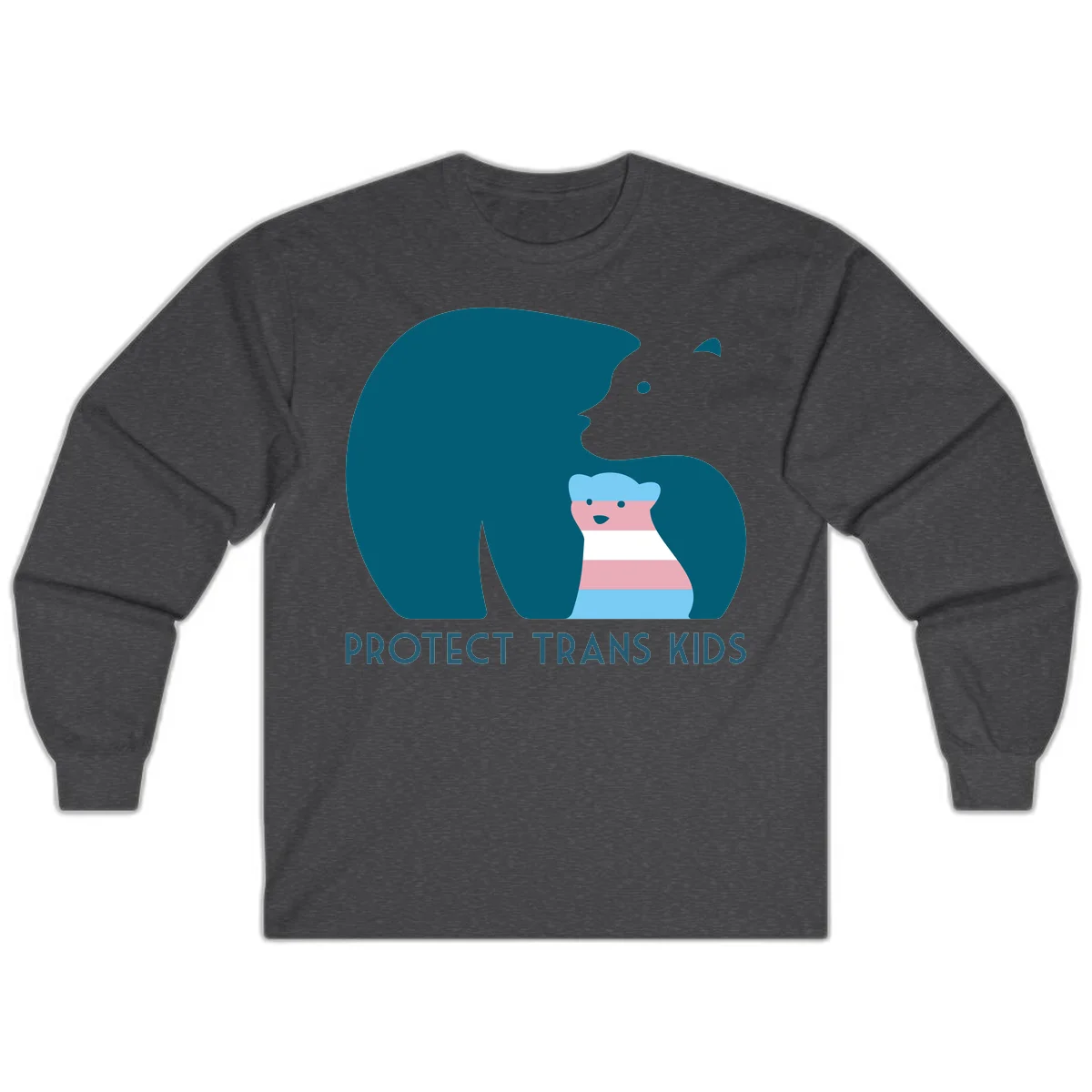 Large teal bear protecting small striped cub with 'PROTECT TRANS KIDS' text below in protect-trans-kids-bear design in Dark Heather