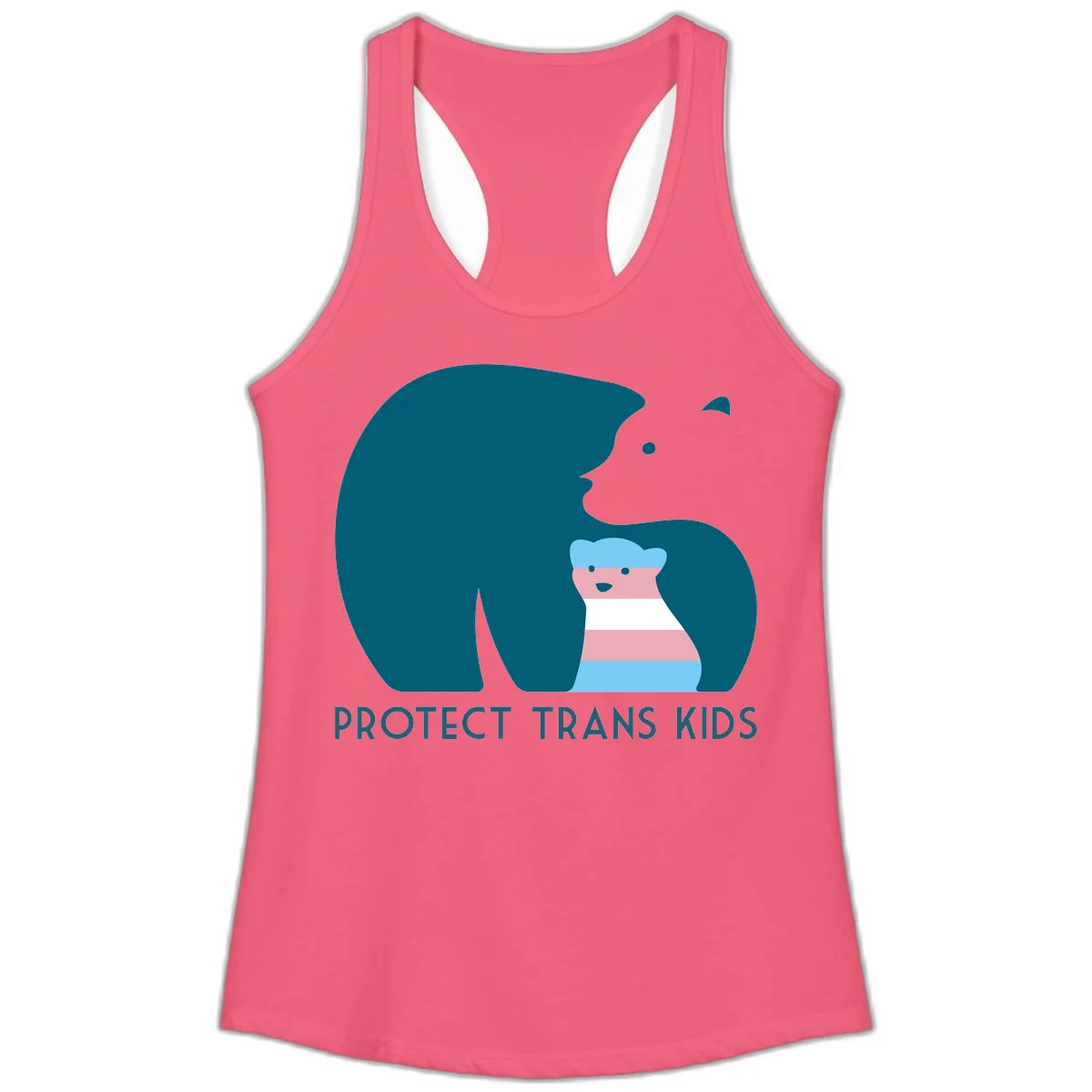 Large teal bear protecting small striped cub with 'PROTECT TRANS KIDS' text below in protect-trans-kids-bear design in Hot Pink