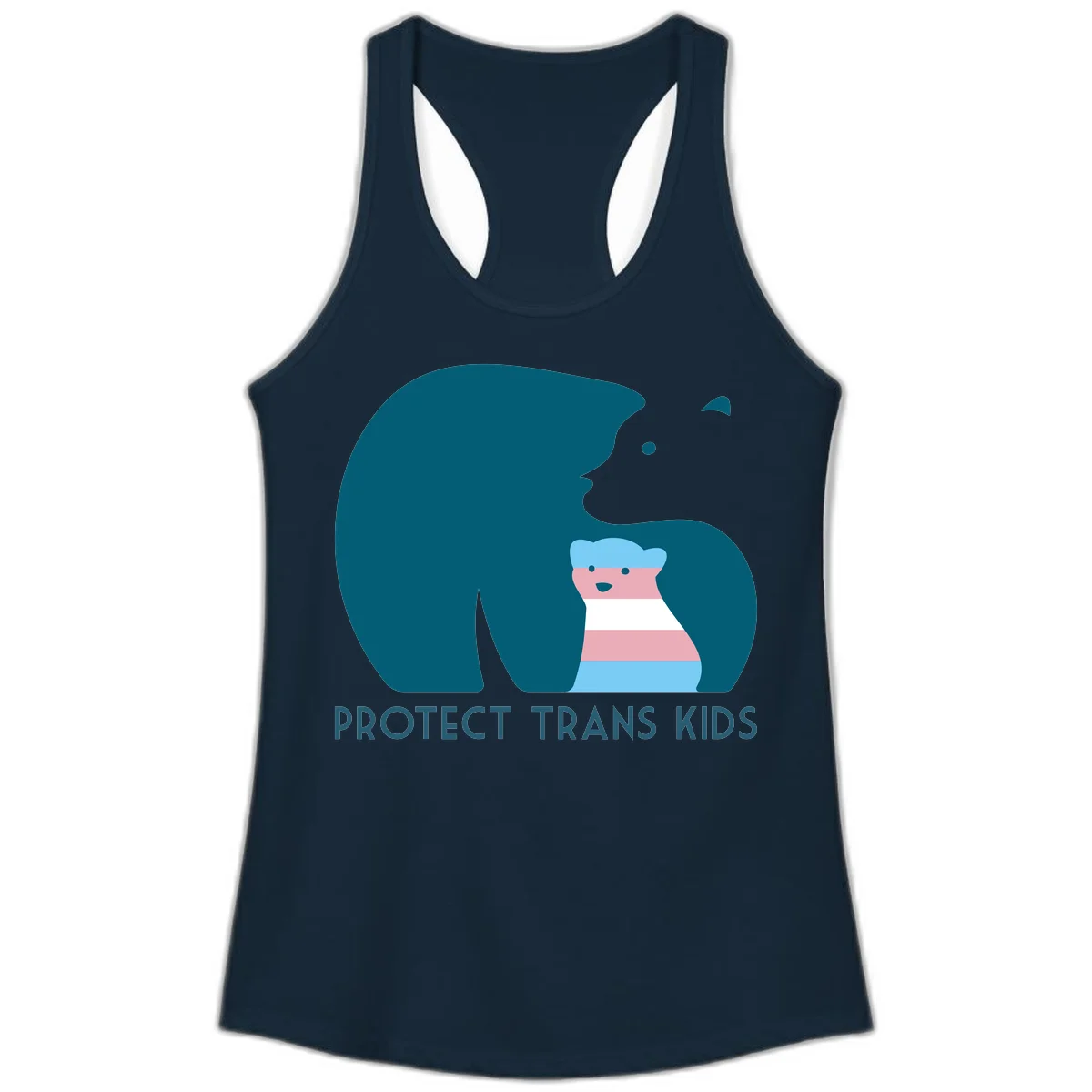 Large teal bear protecting small striped cub with 'PROTECT TRANS KIDS' text below in protect-trans-kids-bear design in Solid Midnight Navy