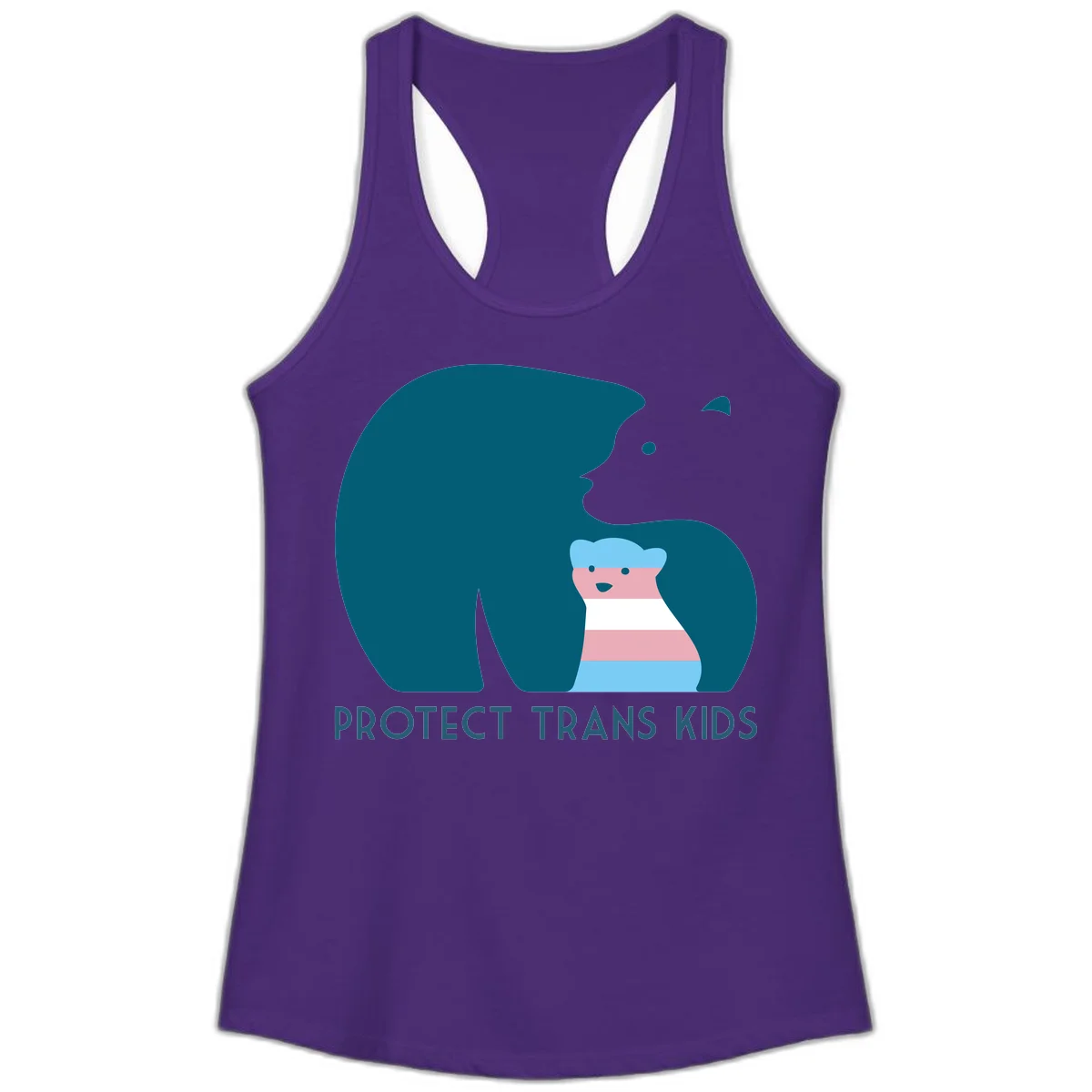 Large teal bear protecting small striped cub with 'PROTECT TRANS KIDS' text below in protect-trans-kids-bear design in Solid Purple Rush