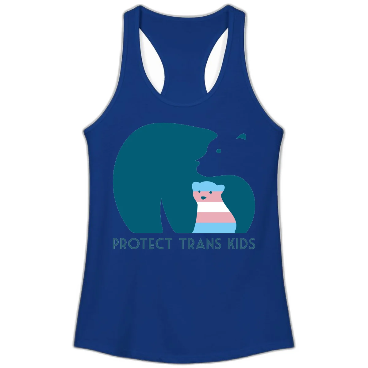 Large teal bear protecting small striped cub with 'PROTECT TRANS KIDS' text below in protect-trans-kids-bear design in Solid Royal
