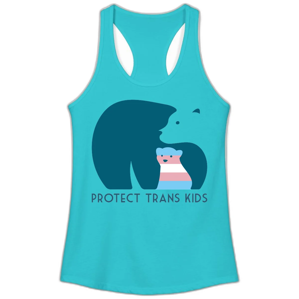 Large teal bear protecting small striped cub with 'PROTECT TRANS KIDS' text below in protect-trans-kids-bear design in Solid Tahiti Blue