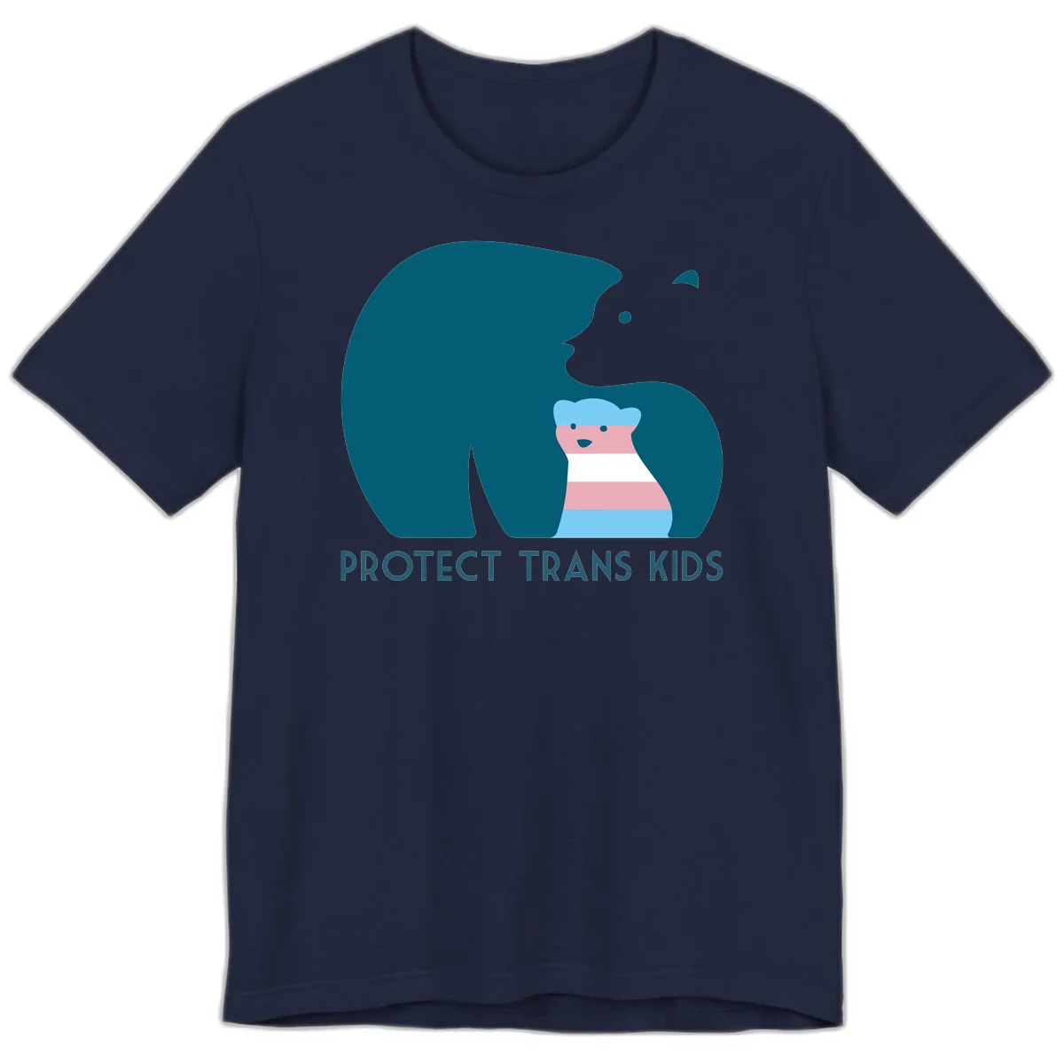 Large teal bear protecting small striped cub with 'PROTECT TRANS KIDS' text below in protect-trans-kids-bear design in Navy