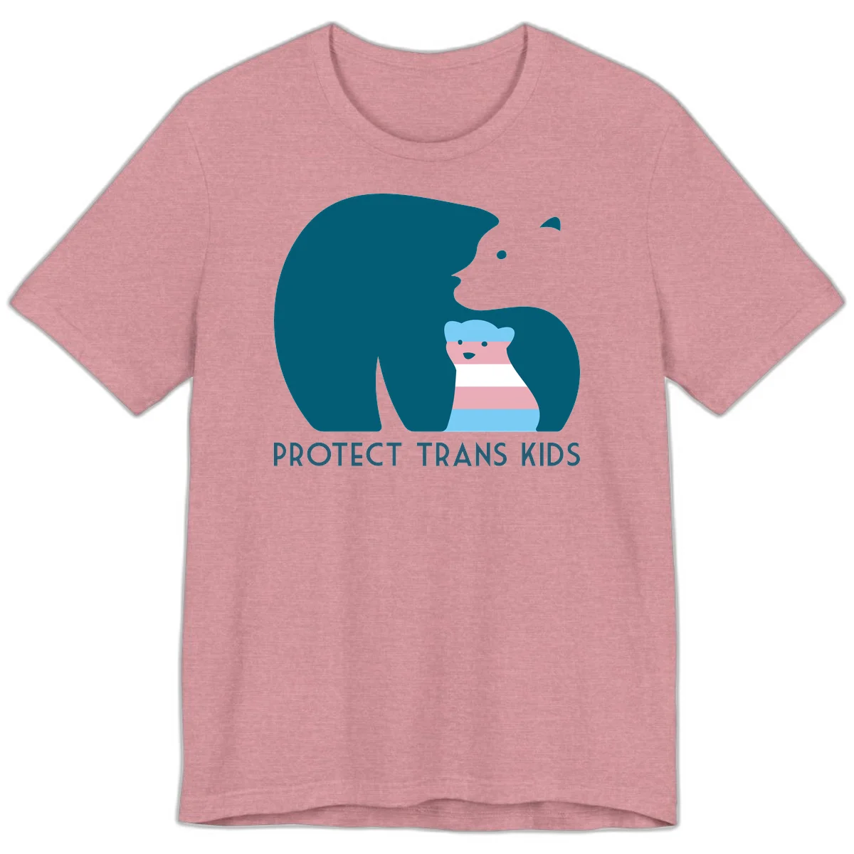 Large teal bear protecting small striped cub with 'PROTECT TRANS KIDS' text below in protect-trans-kids-bear design in Heather Orchid