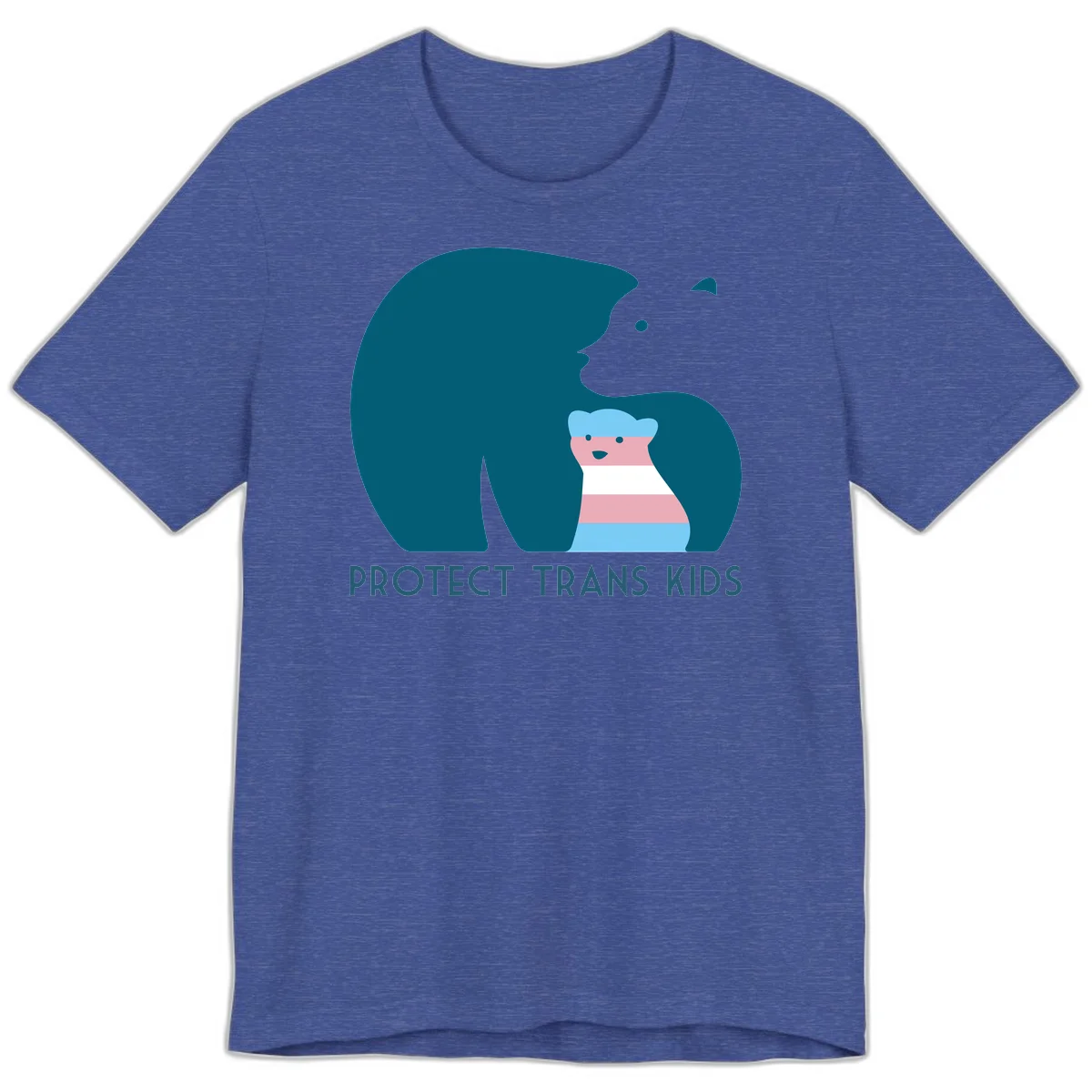 Large teal bear protecting small striped cub with 'PROTECT TRANS KIDS' text below in protect-trans-kids-bear design in Heather True Royal
