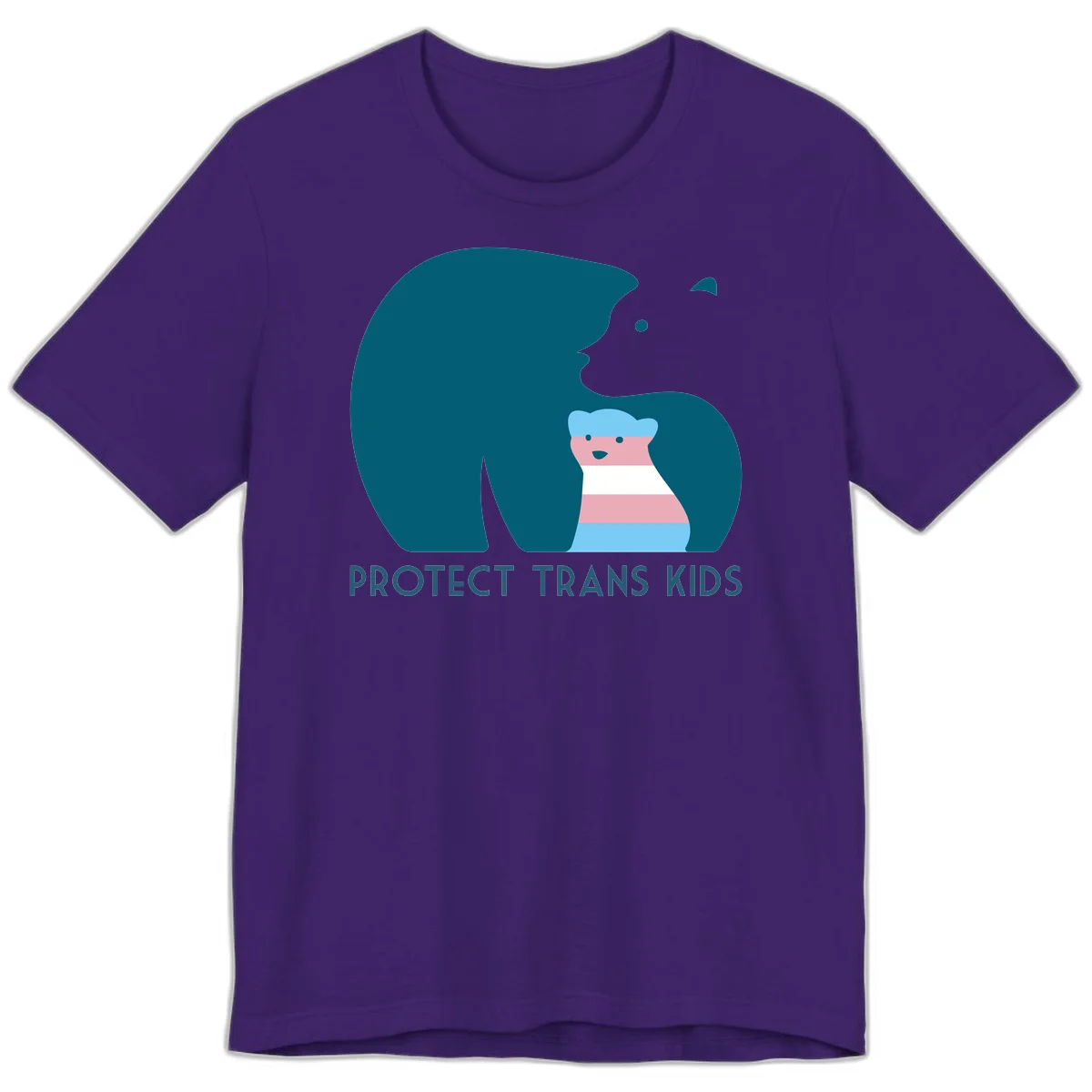 Large teal bear protecting small striped cub with 'PROTECT TRANS KIDS' text below in protect-trans-kids-bear design in Team Purple