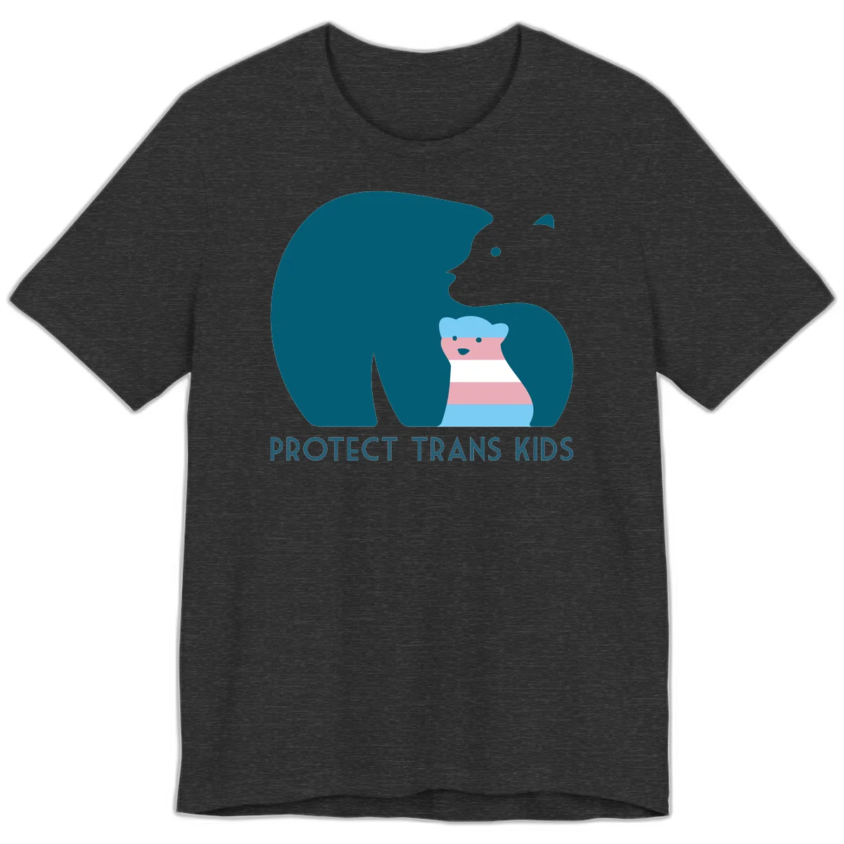 Large teal bear protecting small striped cub with 'PROTECT TRANS KIDS' text below in protect-trans-kids-bear design in Dark Grey Heather