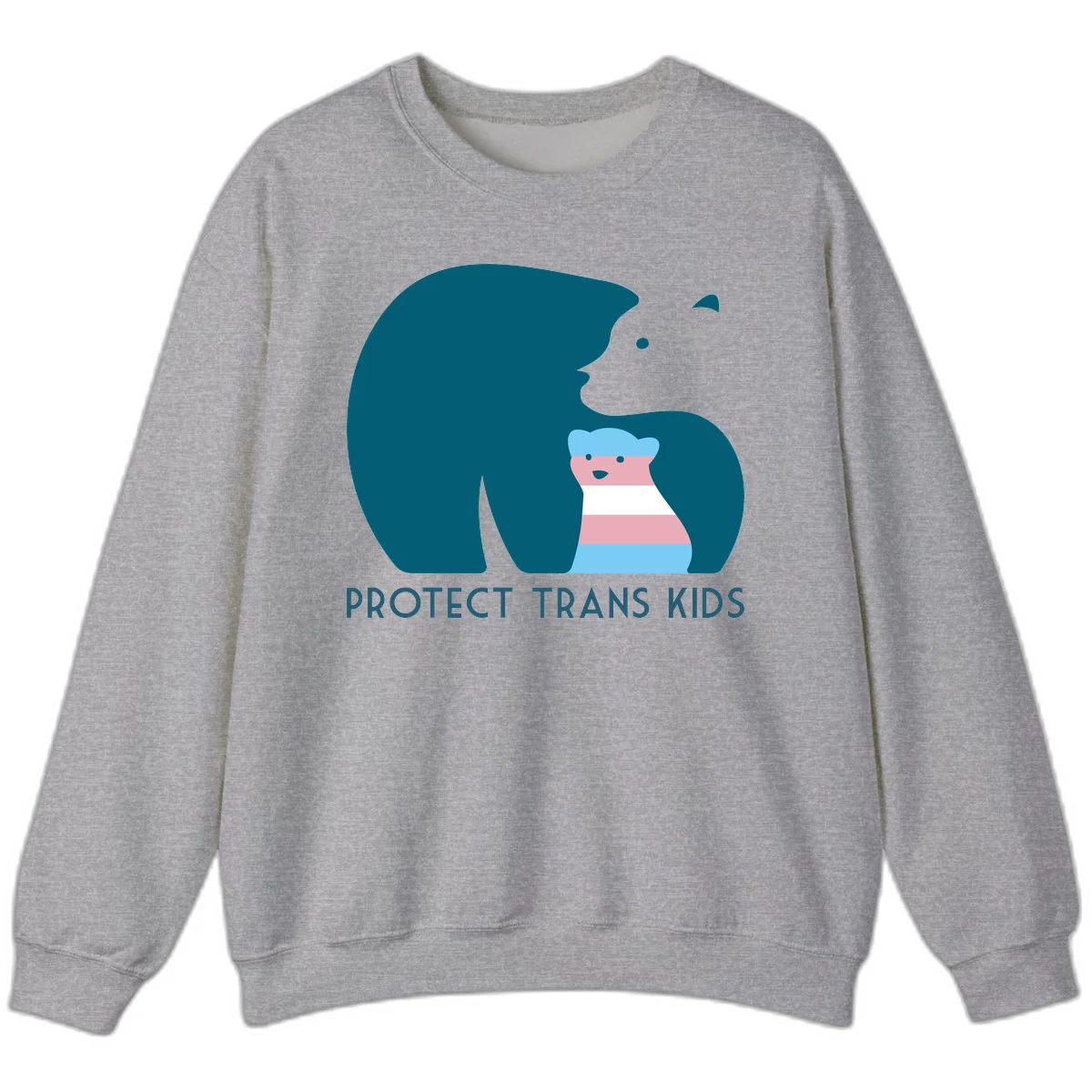 Large teal bear protecting small striped cub with 'PROTECT TRANS KIDS' text below in protect-trans-kids-bear design in Sport Grey
