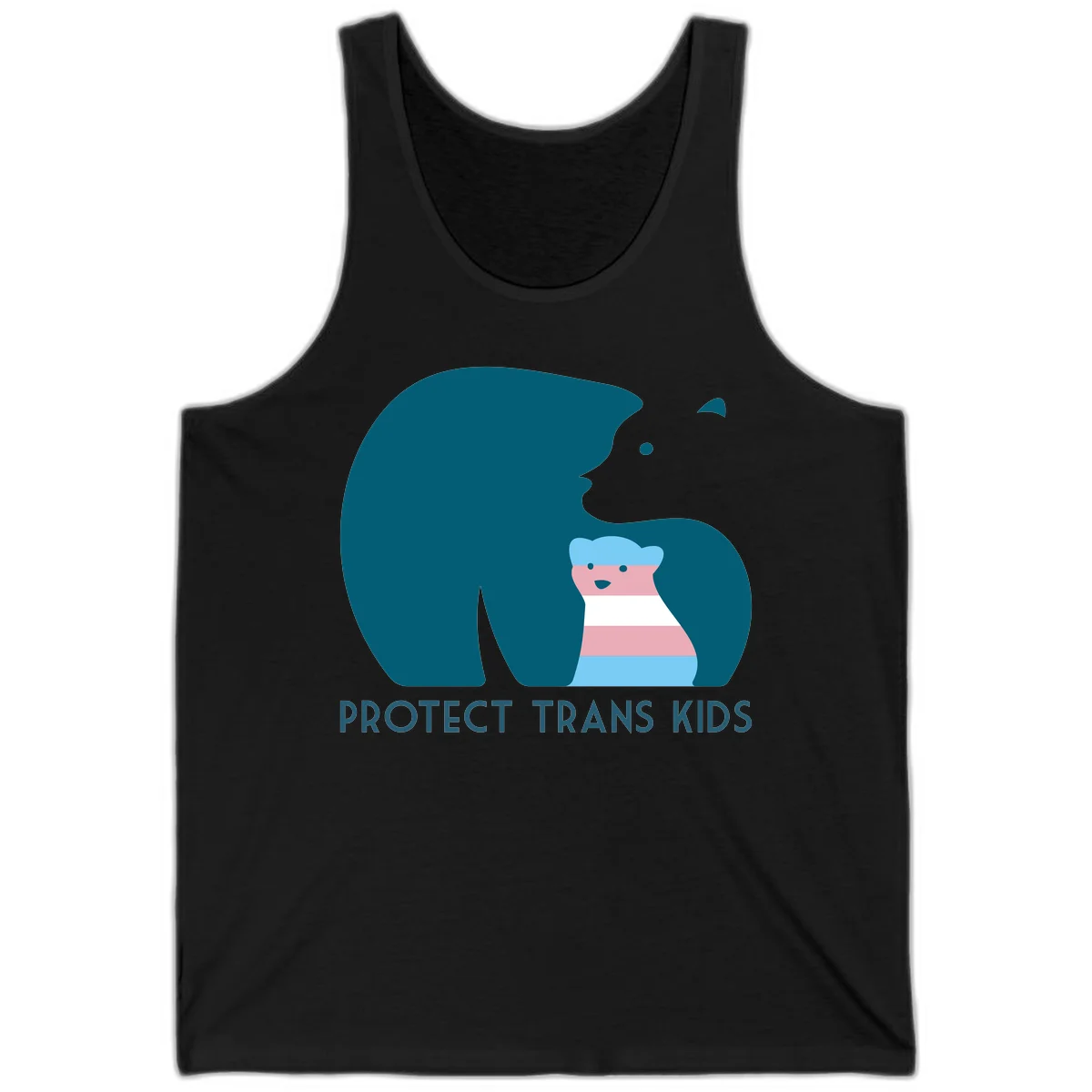 Large teal bear protecting small striped cub with 'PROTECT TRANS KIDS' text below in protect-trans-kids-bear design in Black