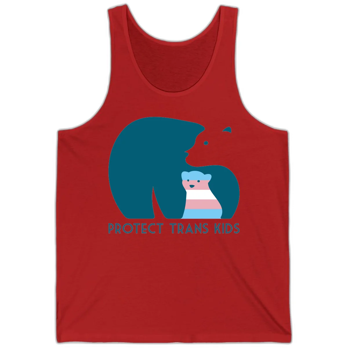 Large teal bear protecting small striped cub with 'PROTECT TRANS KIDS' text below in protect-trans-kids-bear design in Red