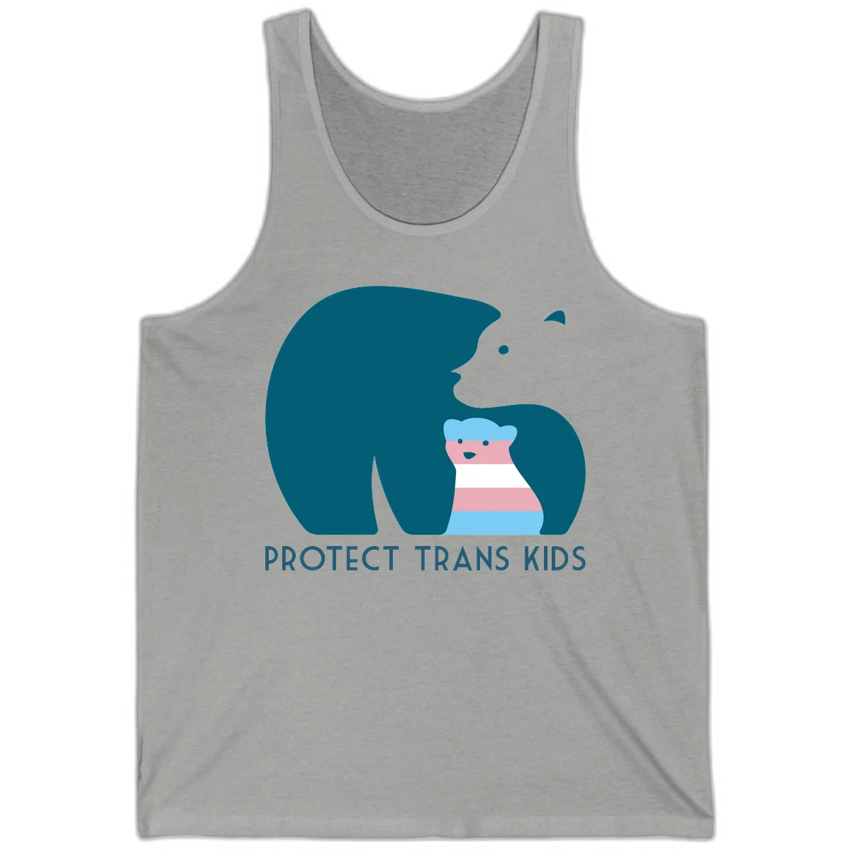 Large teal bear protecting small striped cub with 'PROTECT TRANS KIDS' text below in protect-trans-kids-bear design in Athletic Heather