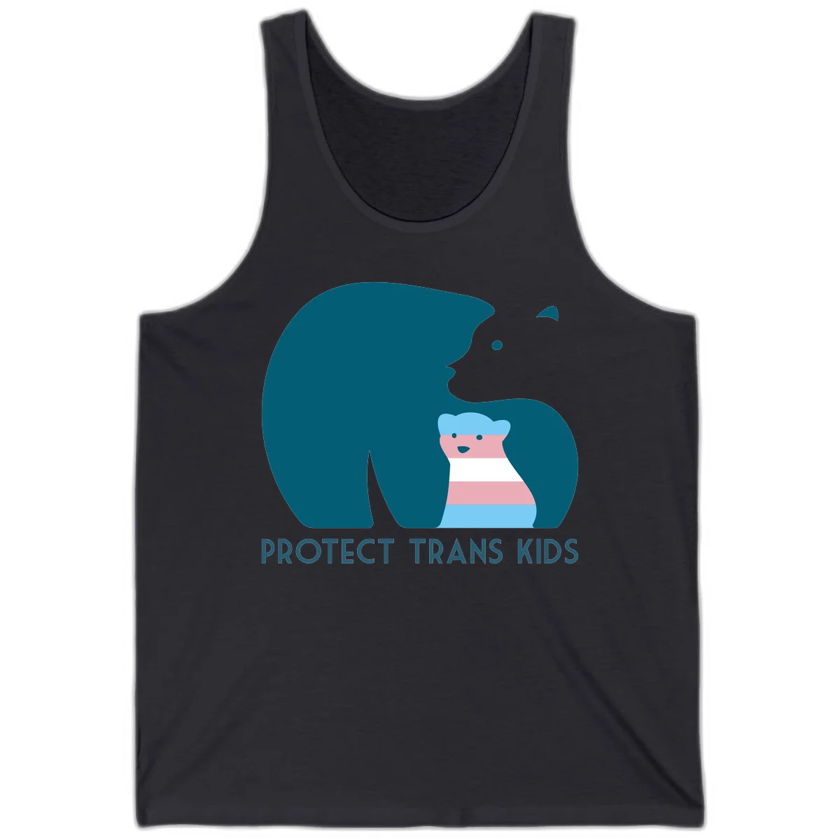 Large teal bear protecting small striped cub with 'PROTECT TRANS KIDS' text below in protect-trans-kids-bear design in Dark Grey