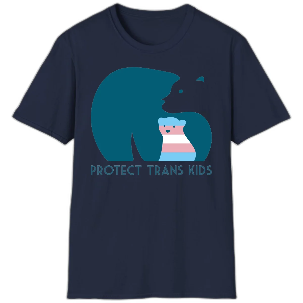 Large teal bear protecting small striped cub with 'PROTECT TRANS KIDS' text below in protect-trans-kids-bear design in Navy