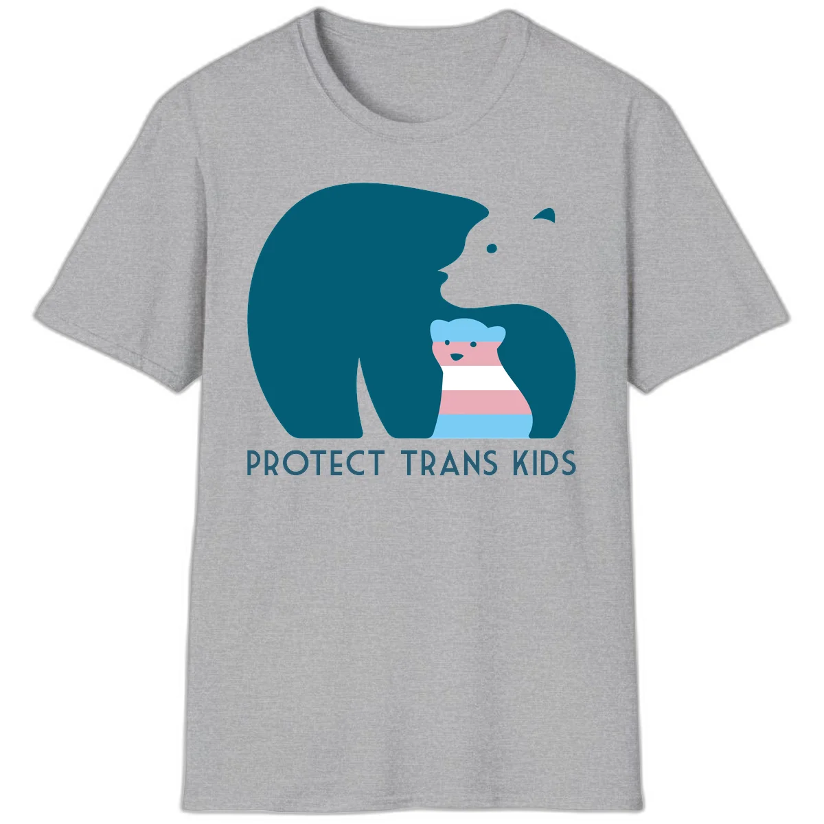Large teal bear protecting small striped cub with 'PROTECT TRANS KIDS' text below in protect-trans-kids-bear design in Sport Grey