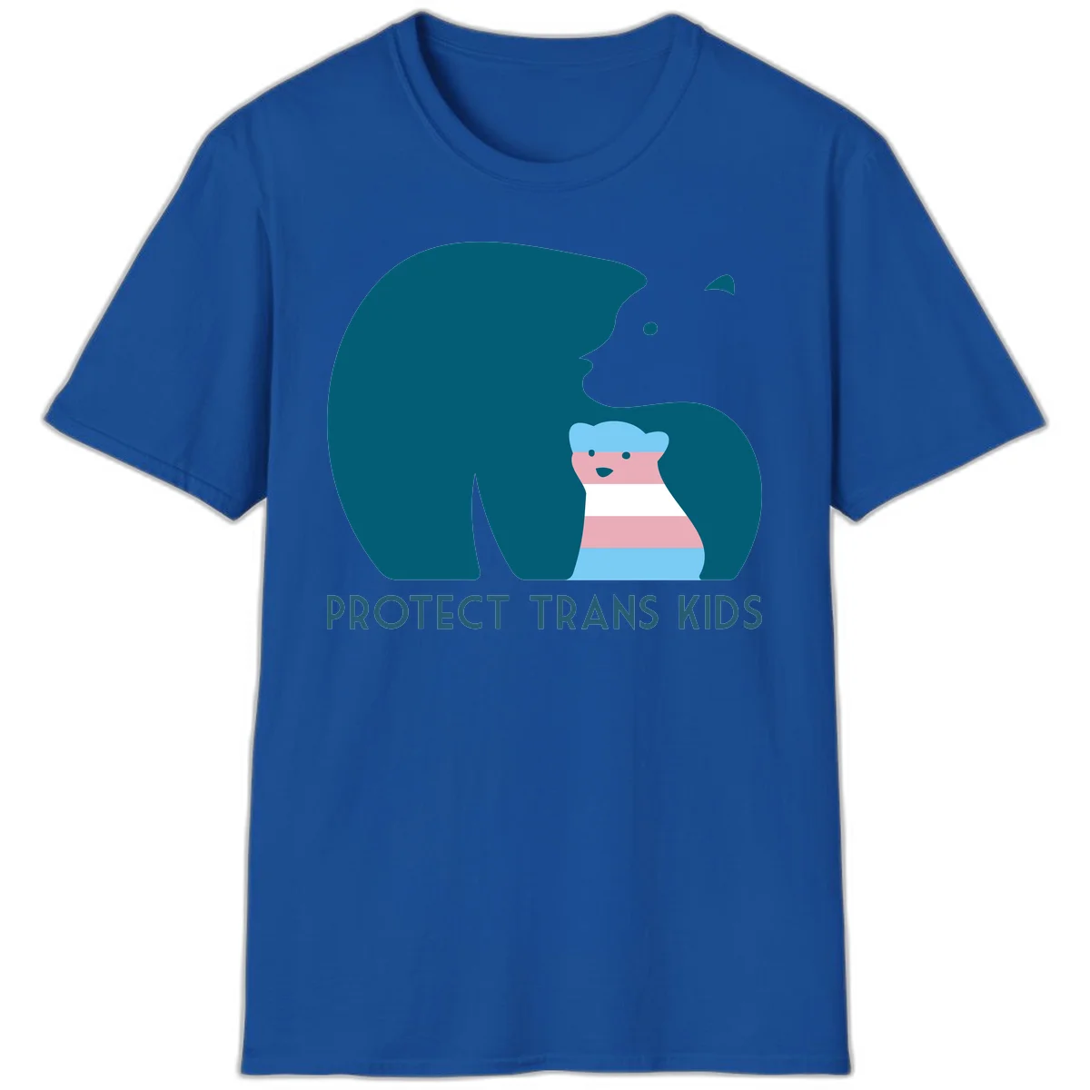 Large teal bear protecting small striped cub with 'PROTECT TRANS KIDS' text below in protect-trans-kids-bear design in Royal