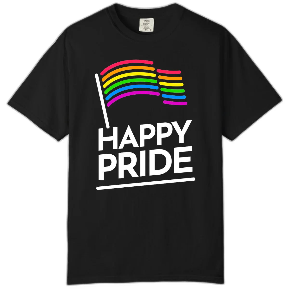 Happy Pride rainbow flag design with seven curved colored stripes waving from a flagpole and white text reading HAPPY PRIDE in Black