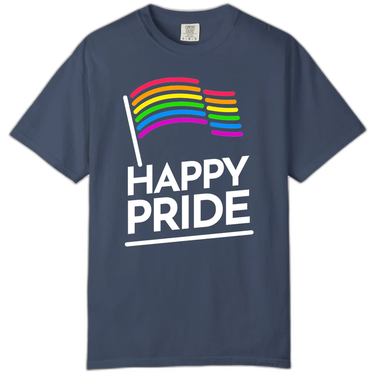 Happy Pride rainbow flag design with seven curved colored stripes waving from a flagpole and white text reading HAPPY PRIDE in Midnight