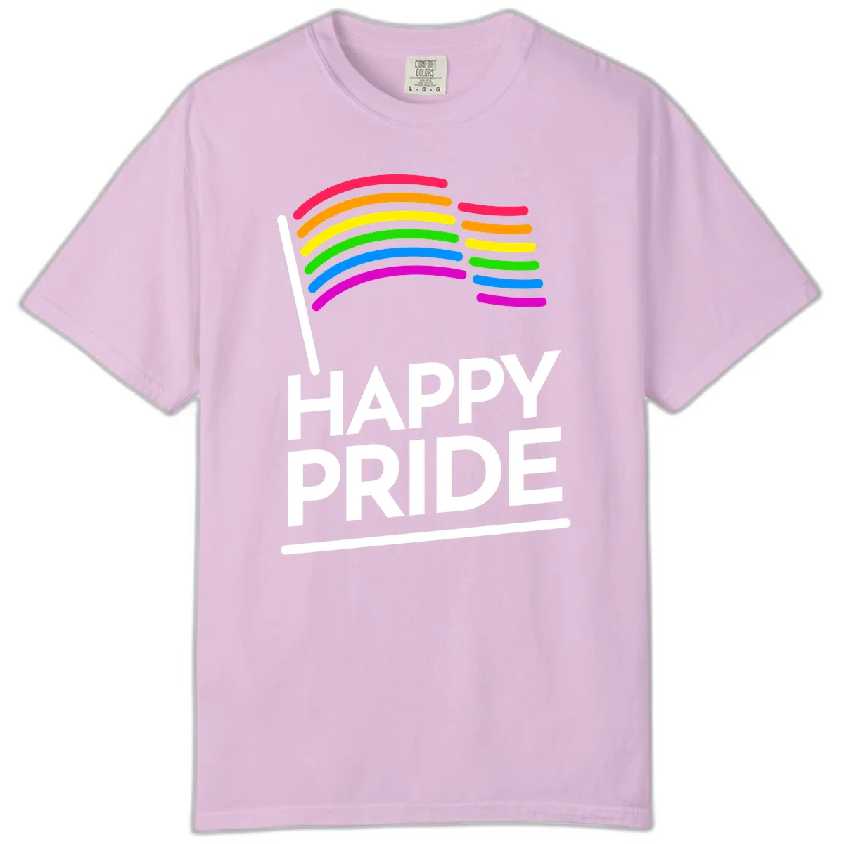 Happy Pride rainbow flag design with seven curved colored stripes waving from a flagpole and white text reading HAPPY PRIDE in Orchid