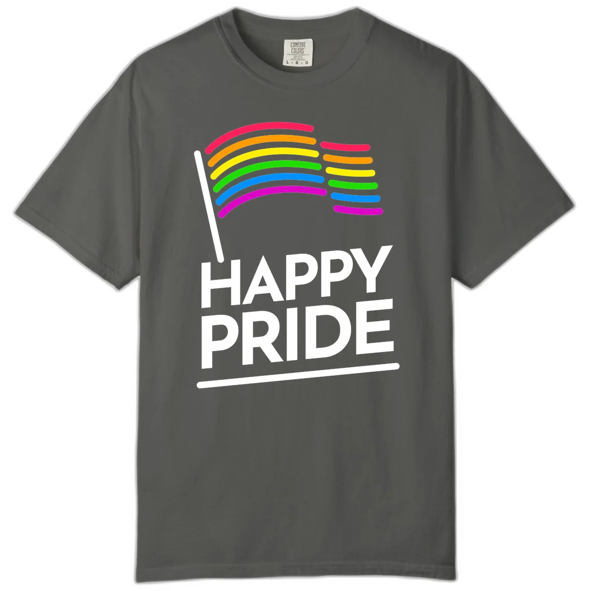 Happy Pride rainbow flag design with seven curved colored stripes waving from a flagpole and white text reading HAPPY PRIDE in Pepper