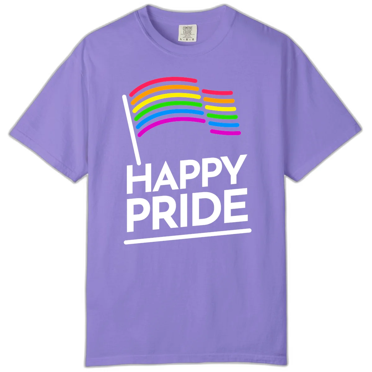 Happy Pride rainbow flag design with seven curved colored stripes waving from a flagpole and white text reading HAPPY PRIDE in Violet