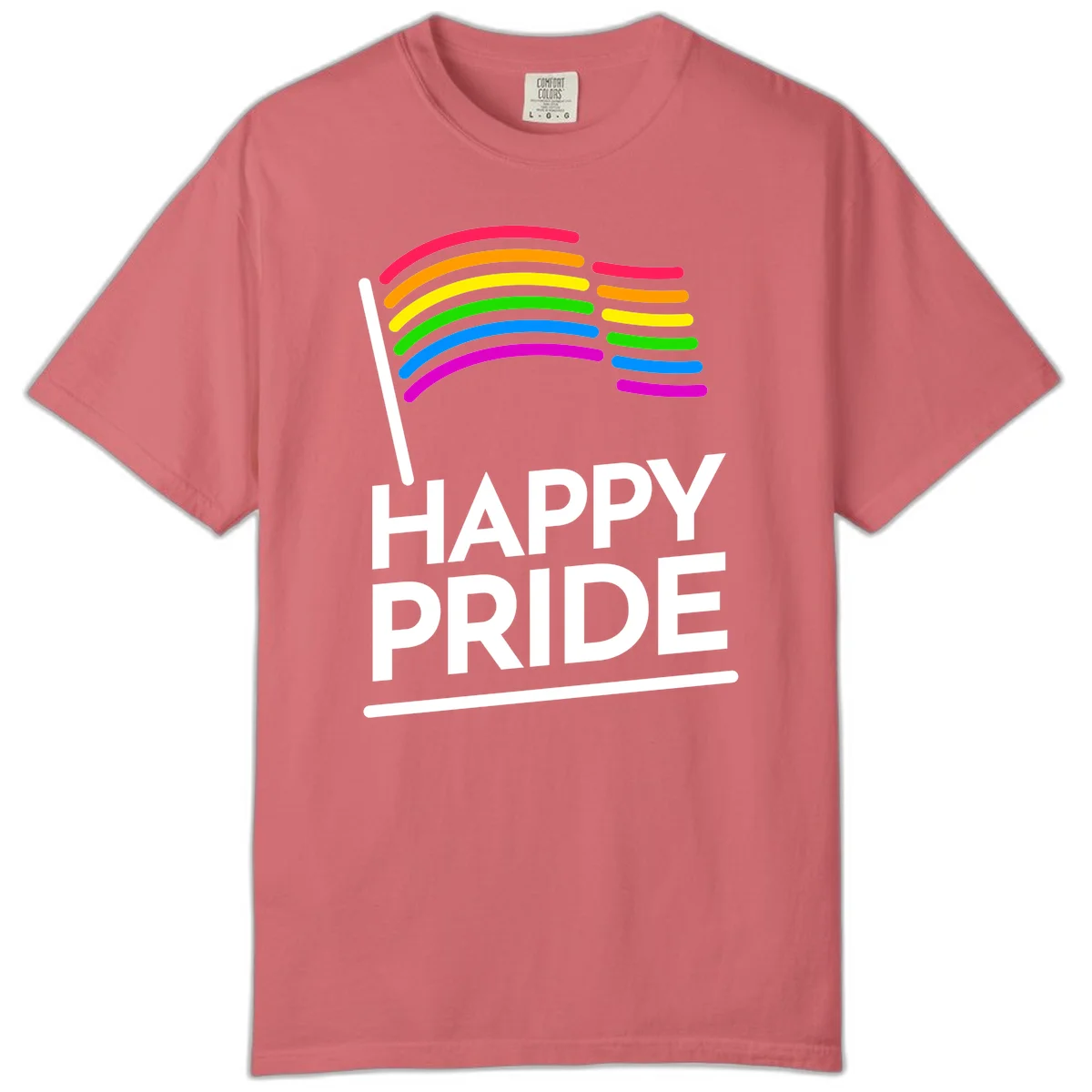 Happy Pride rainbow flag design with seven curved colored stripes waving from a flagpole and white text reading HAPPY PRIDE in Watermelon