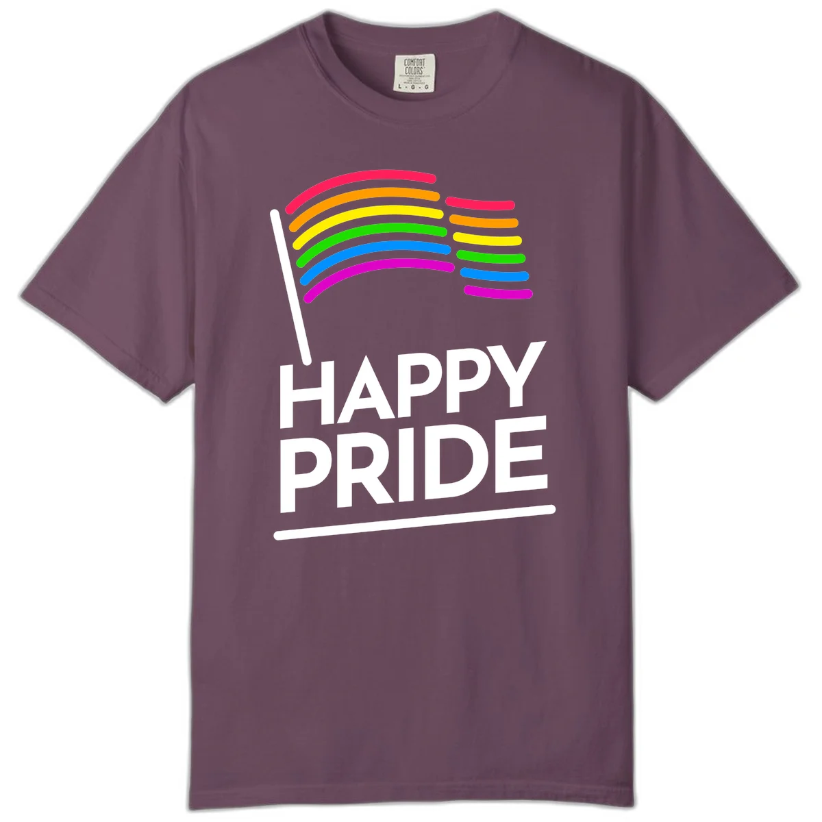 Happy Pride rainbow flag design with seven curved colored stripes waving from a flagpole and white text reading HAPPY PRIDE in Berry