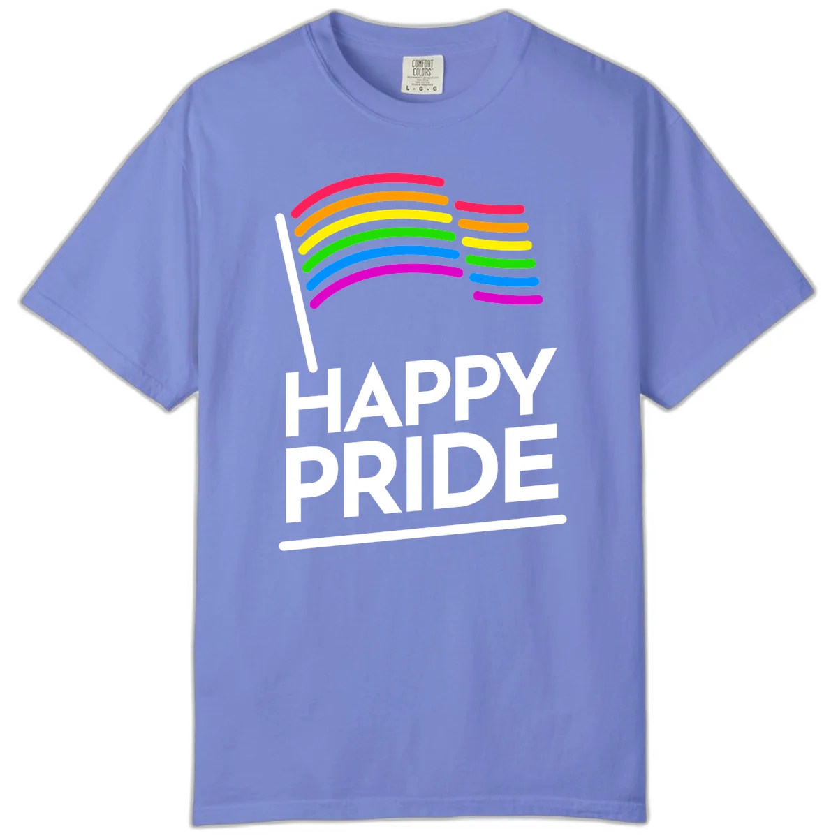 Happy Pride rainbow flag design with seven curved colored stripes waving from a flagpole and white text reading HAPPY PRIDE in Flo Blue